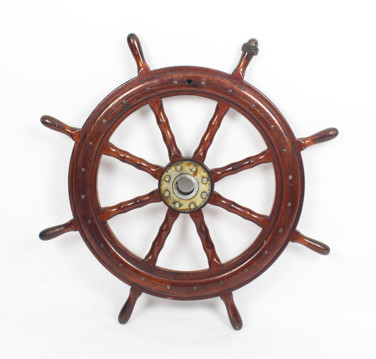 Brass Antique Eight Spoke Mahogany Ships Wheel, 19th Century