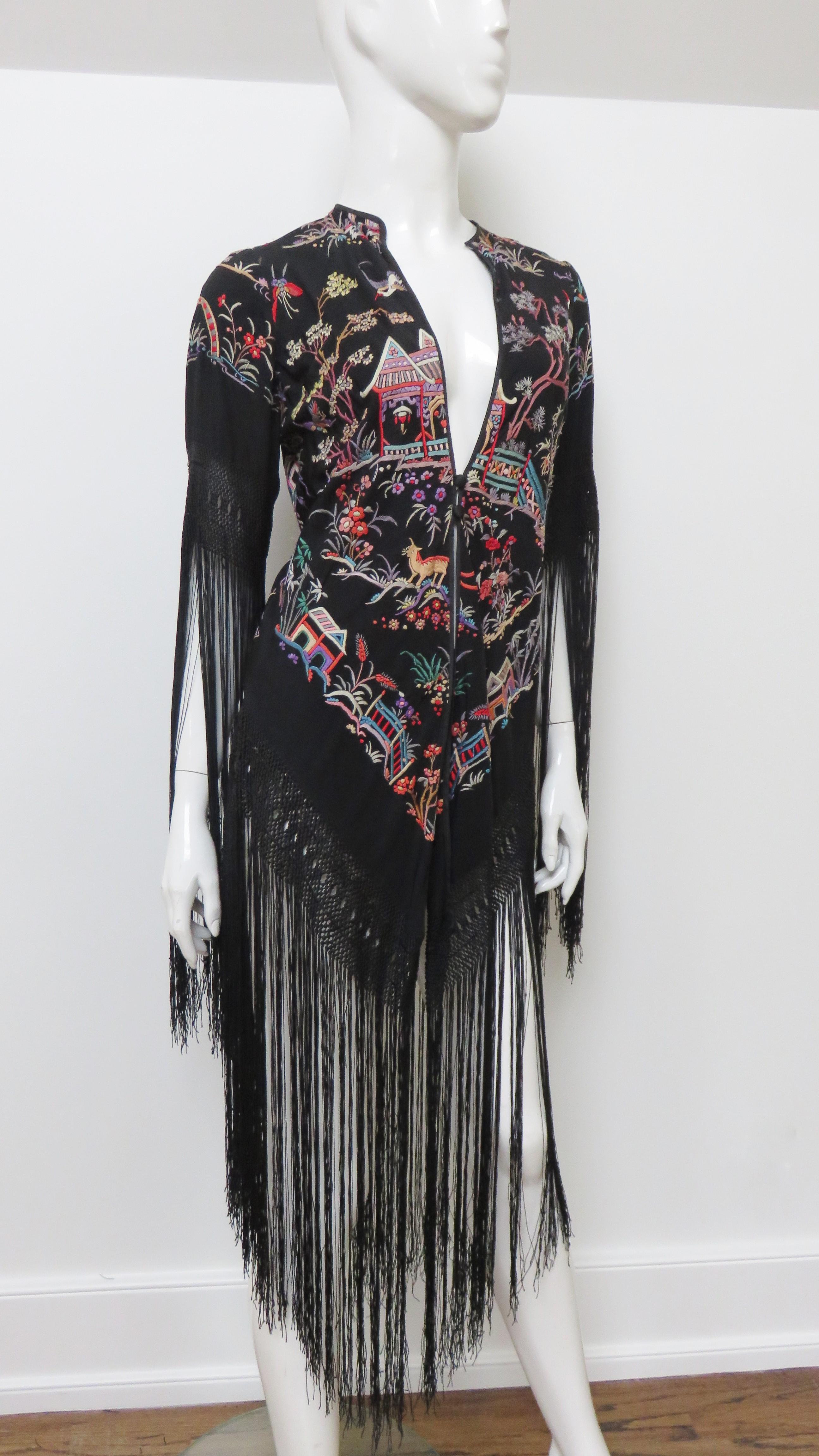 Antique Elaborately Embroidered 1920s Silk Jacket with Fringe For Sale 6