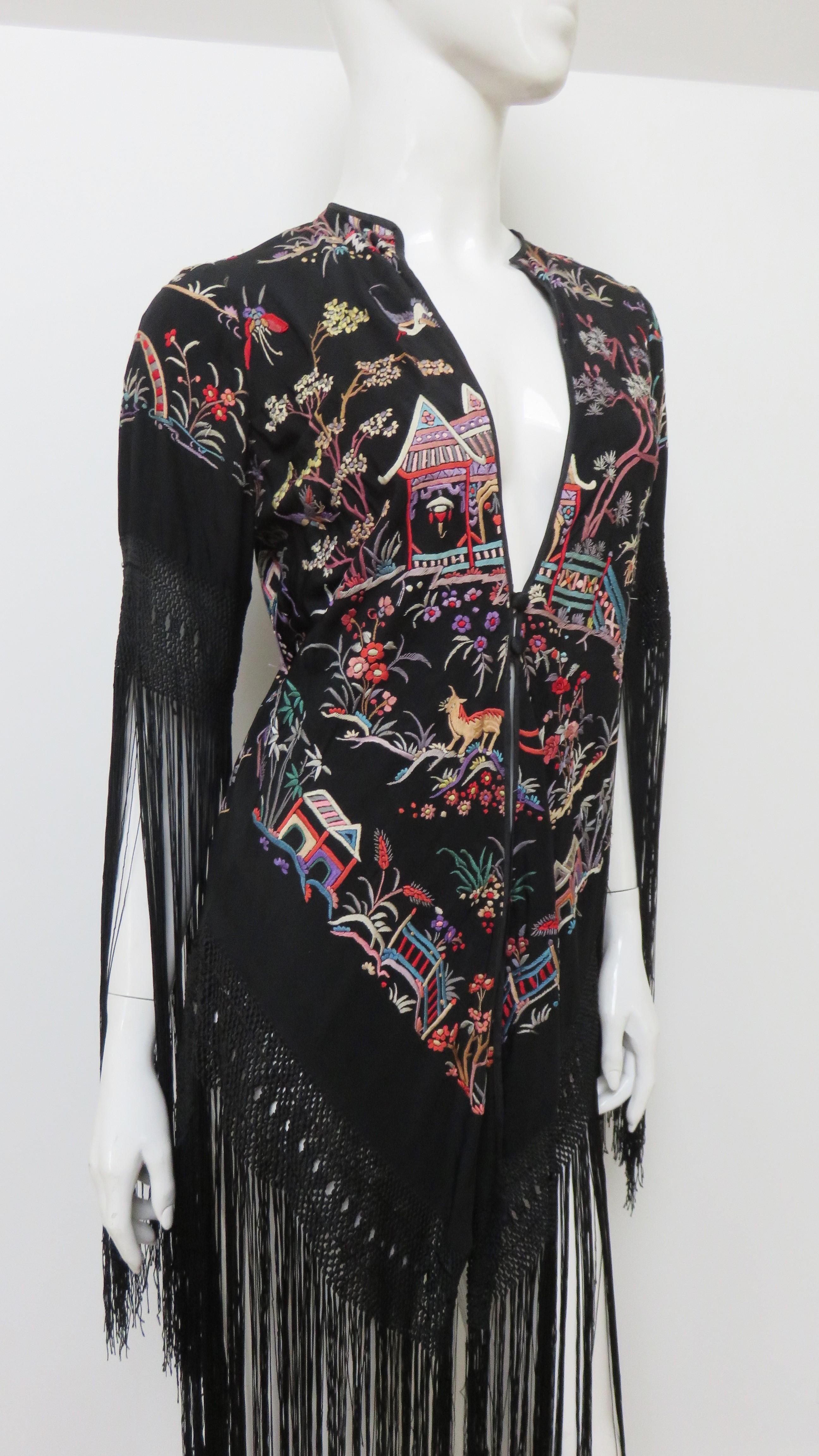 Antique Elaborately Embroidered 1920s Silk Jacket with Fringe For Sale 7