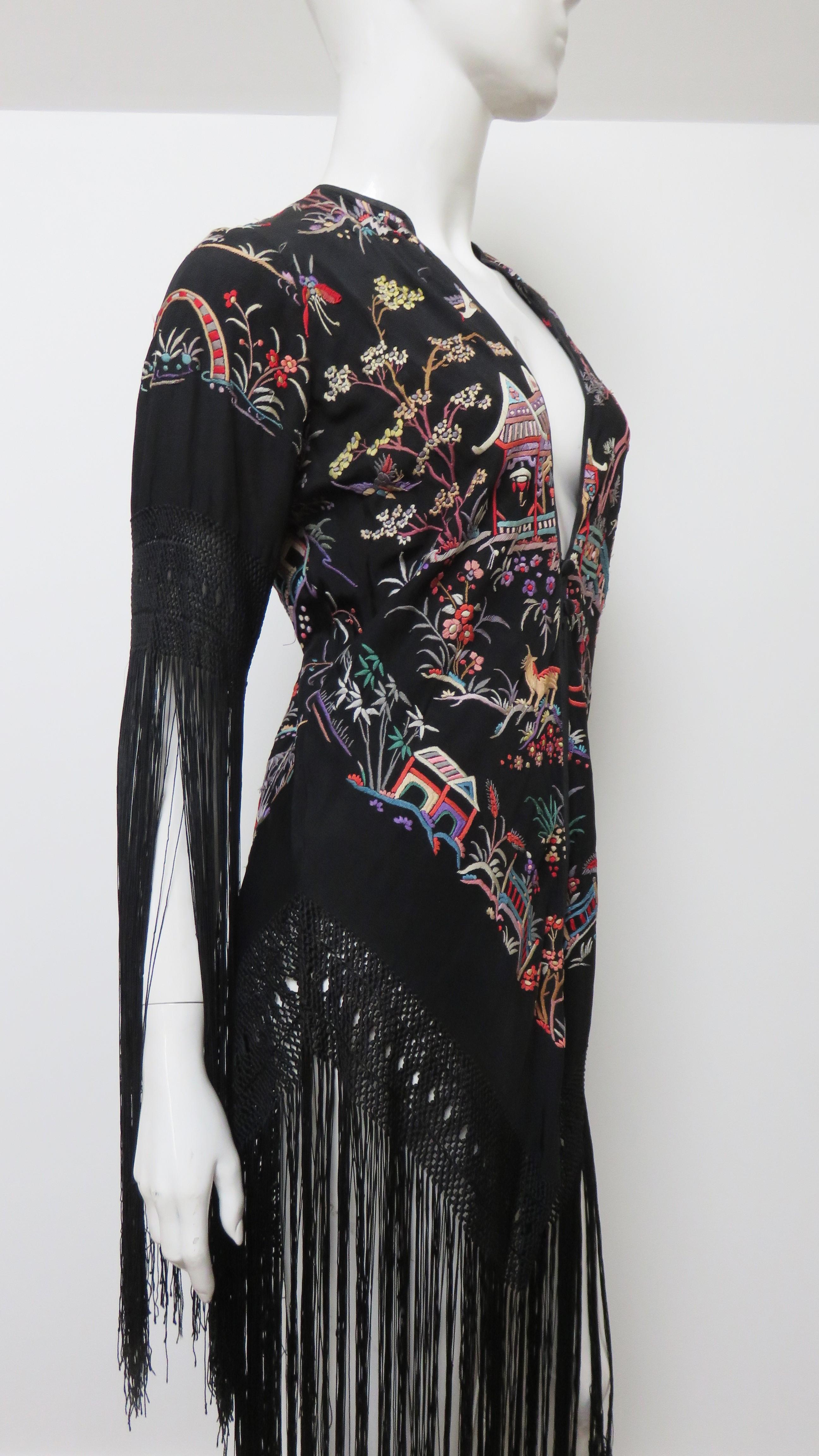 Antique Elaborately Embroidered 1920s Silk Jacket with Fringe For Sale 8