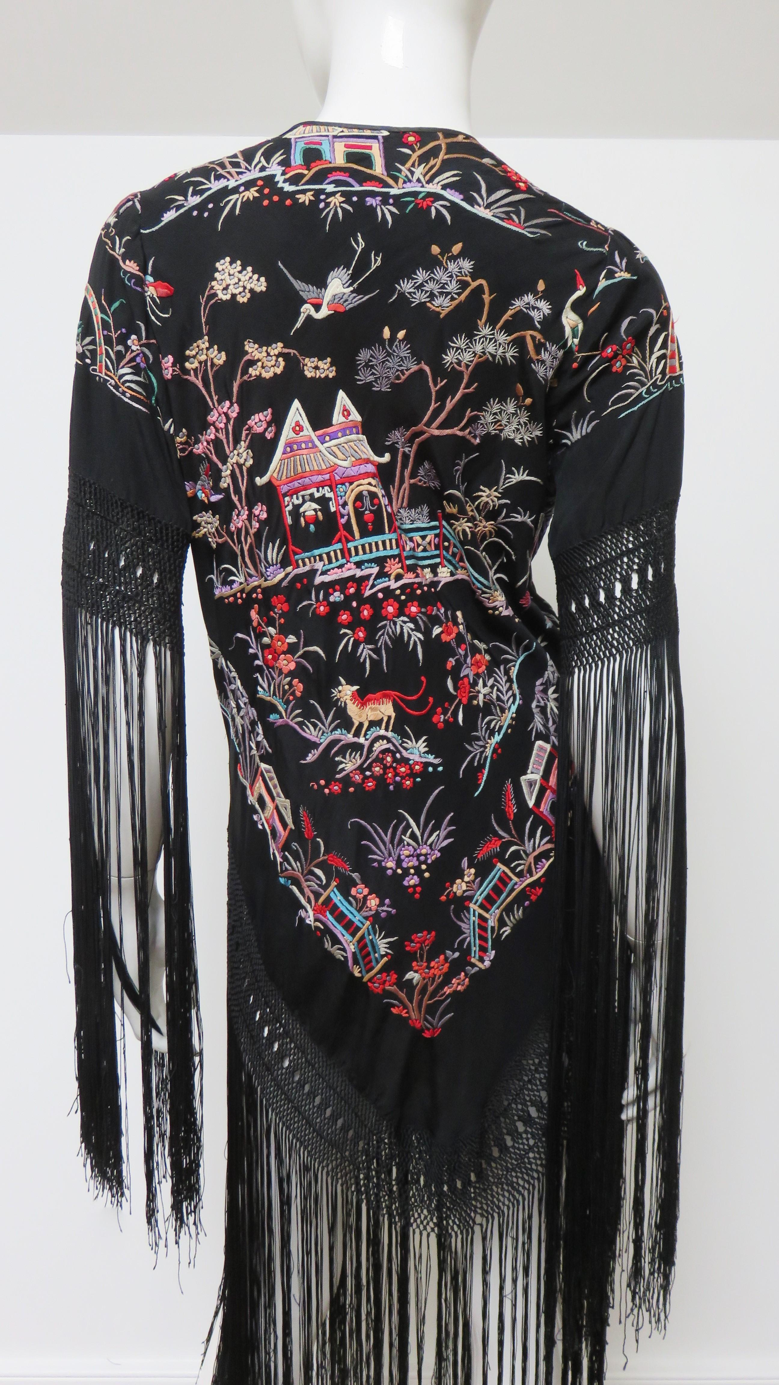 Antique Elaborately Embroidered 1920s Silk Jacket with Fringe For Sale 9
