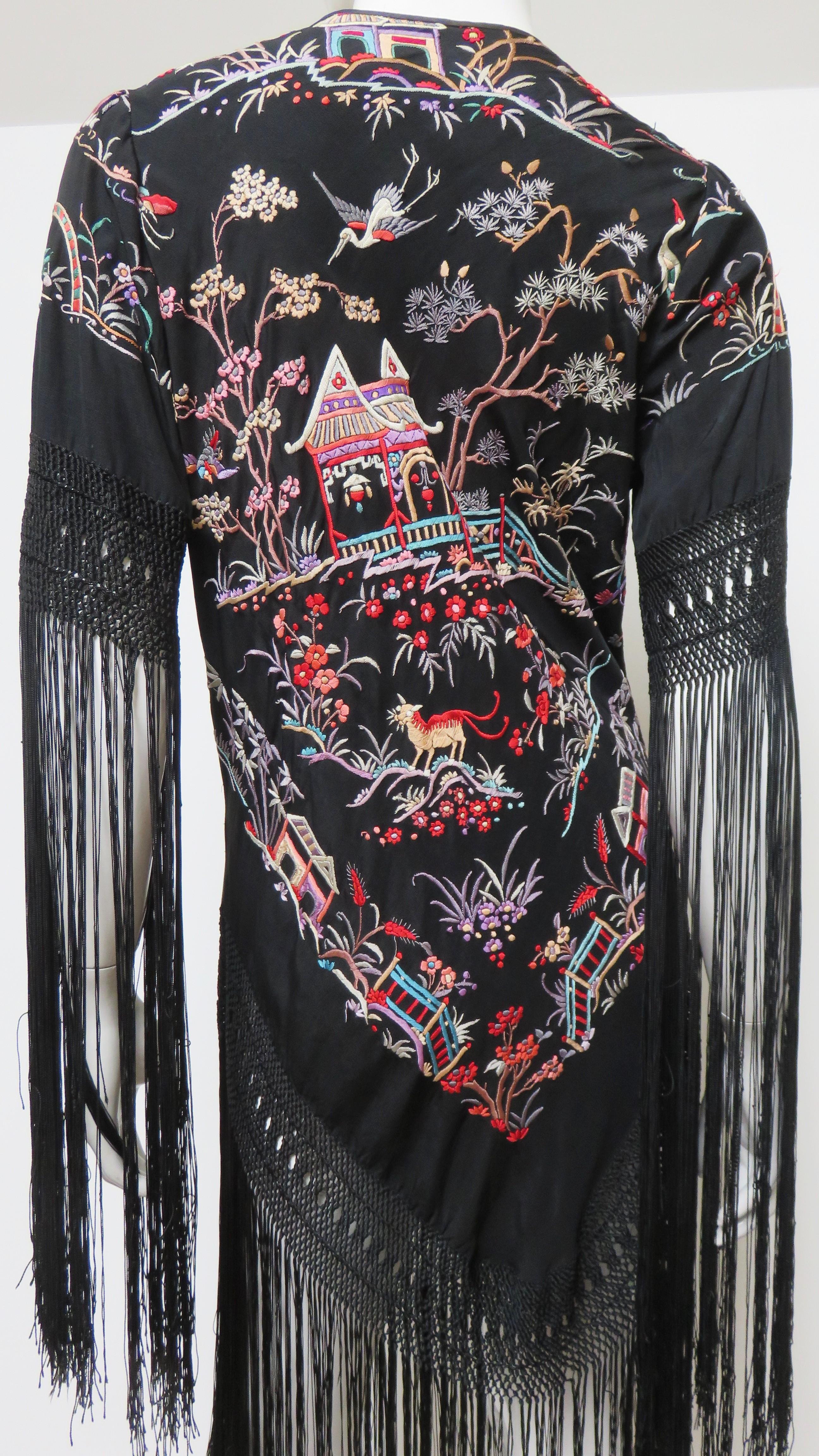 Antique Elaborately Embroidered 1920s Silk Jacket with Fringe For Sale 10
