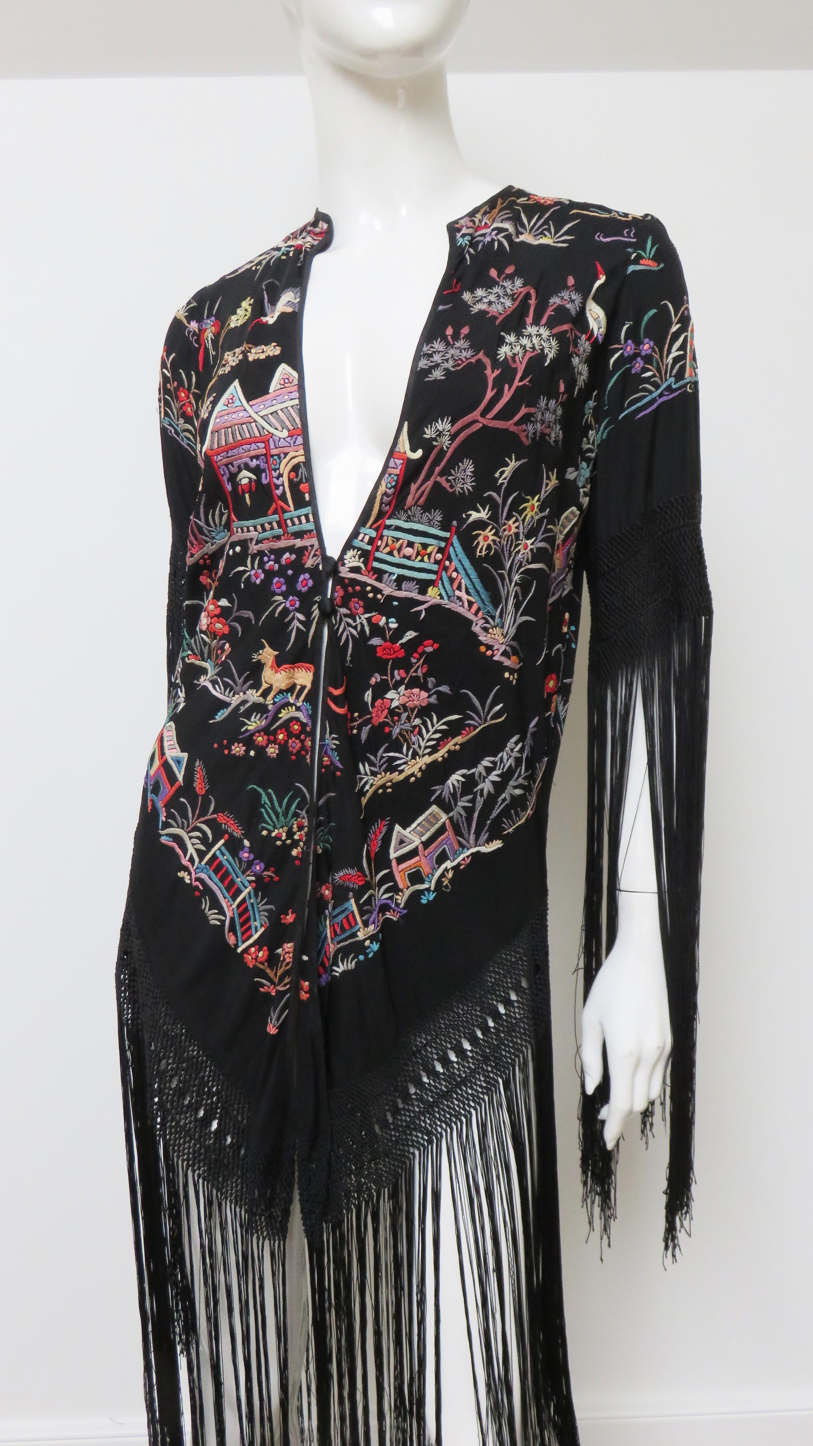 Antique Elaborately Embroidered 1920s Silk Jacket with Fringe In Good Condition For Sale In Water Mill, NY