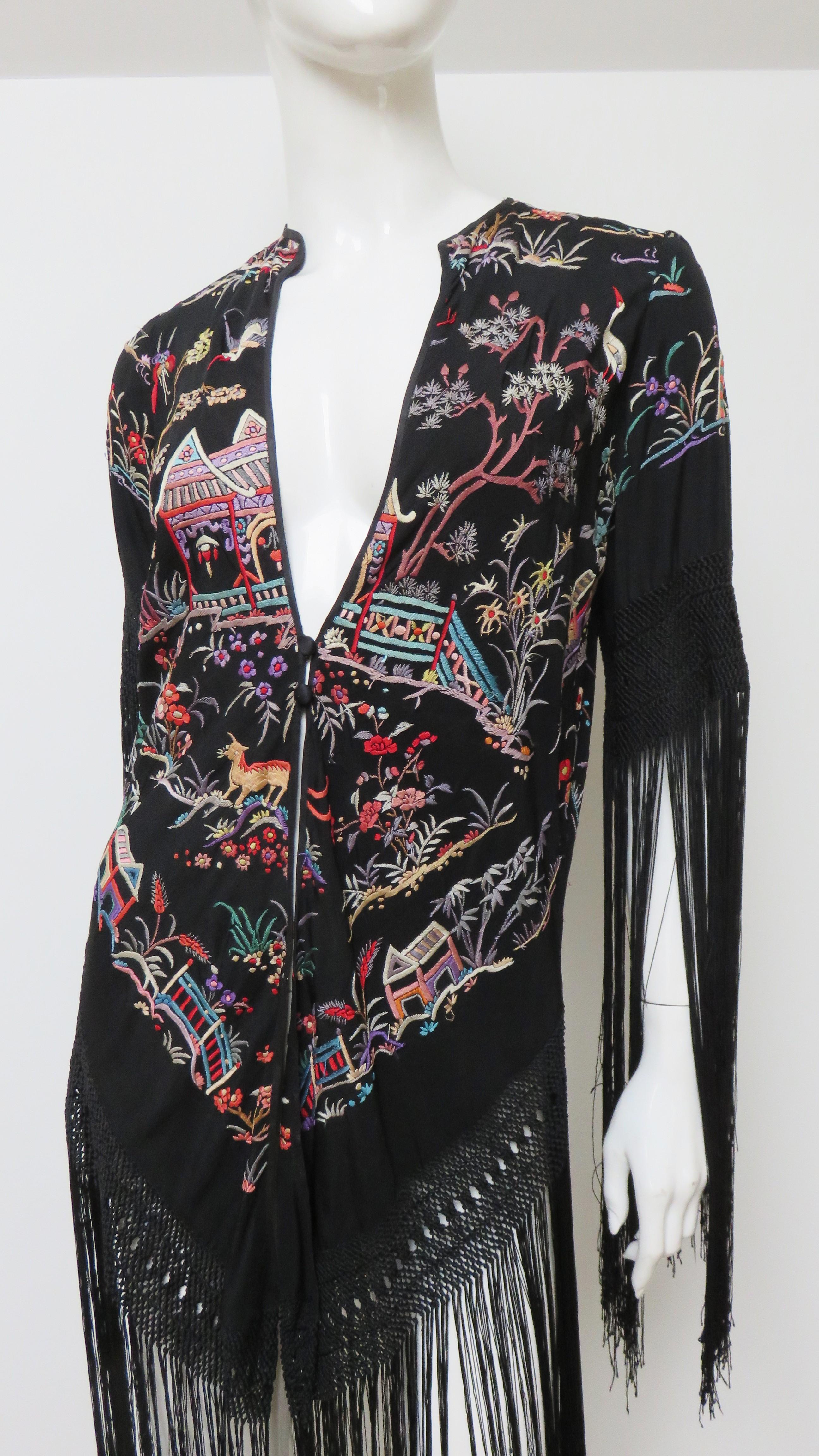 Women's Antique Elaborately Embroidered 1920s Silk Jacket with Fringe For Sale