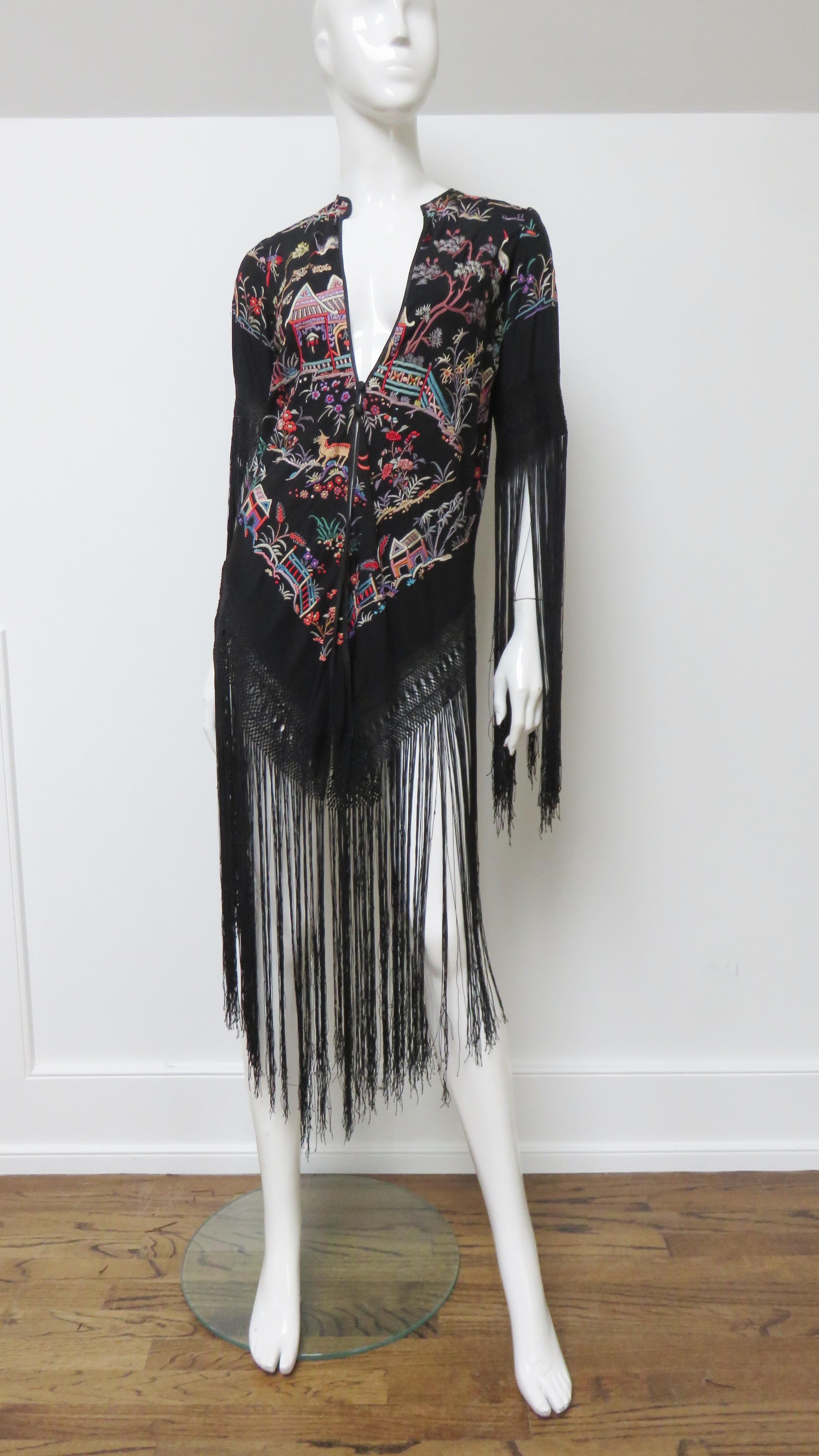 Antique Elaborately Embroidered 1920s Silk Jacket with Fringe For Sale 1