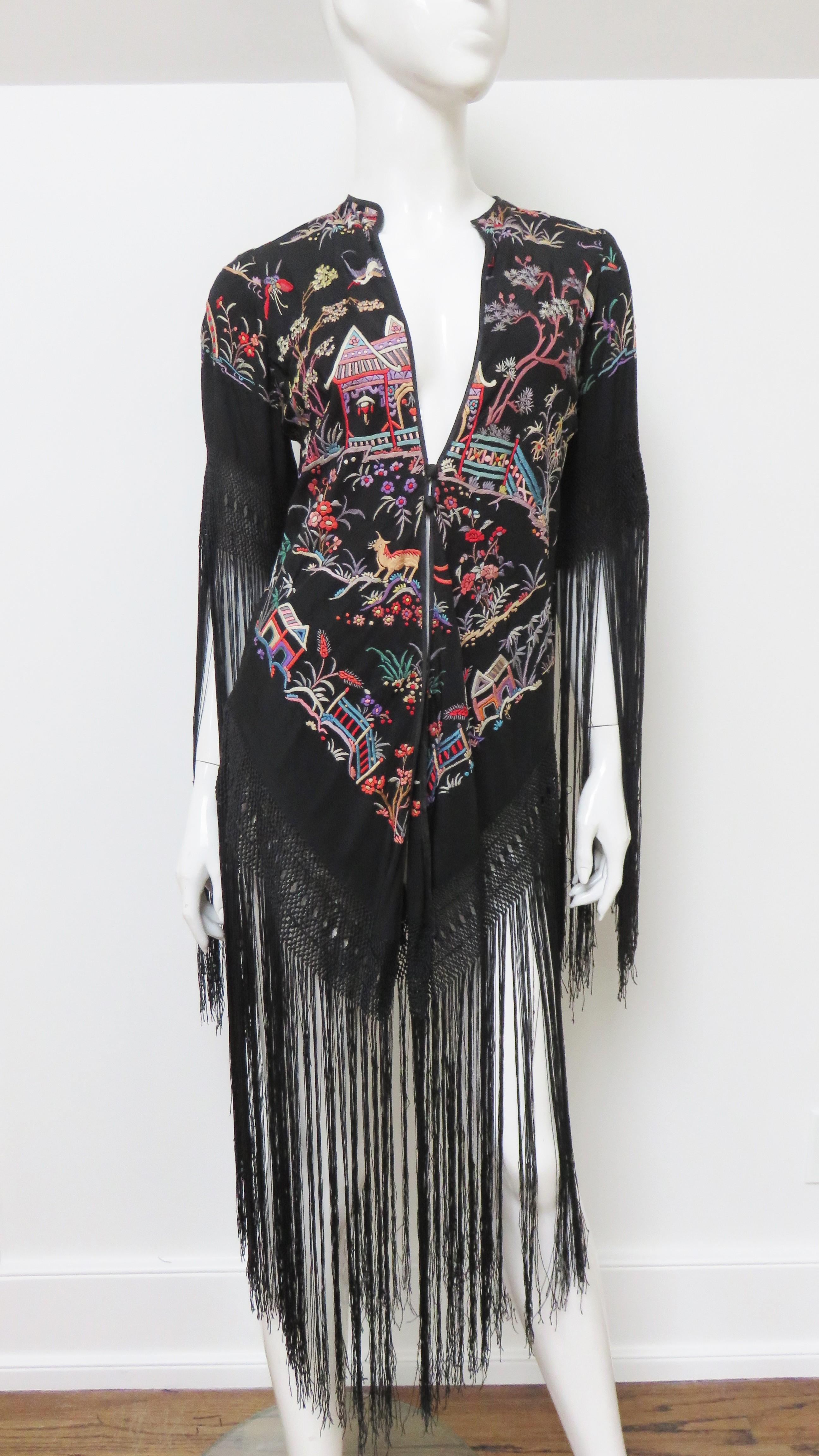 Antique Elaborately Embroidered 1920s Silk Jacket with Fringe For Sale 2