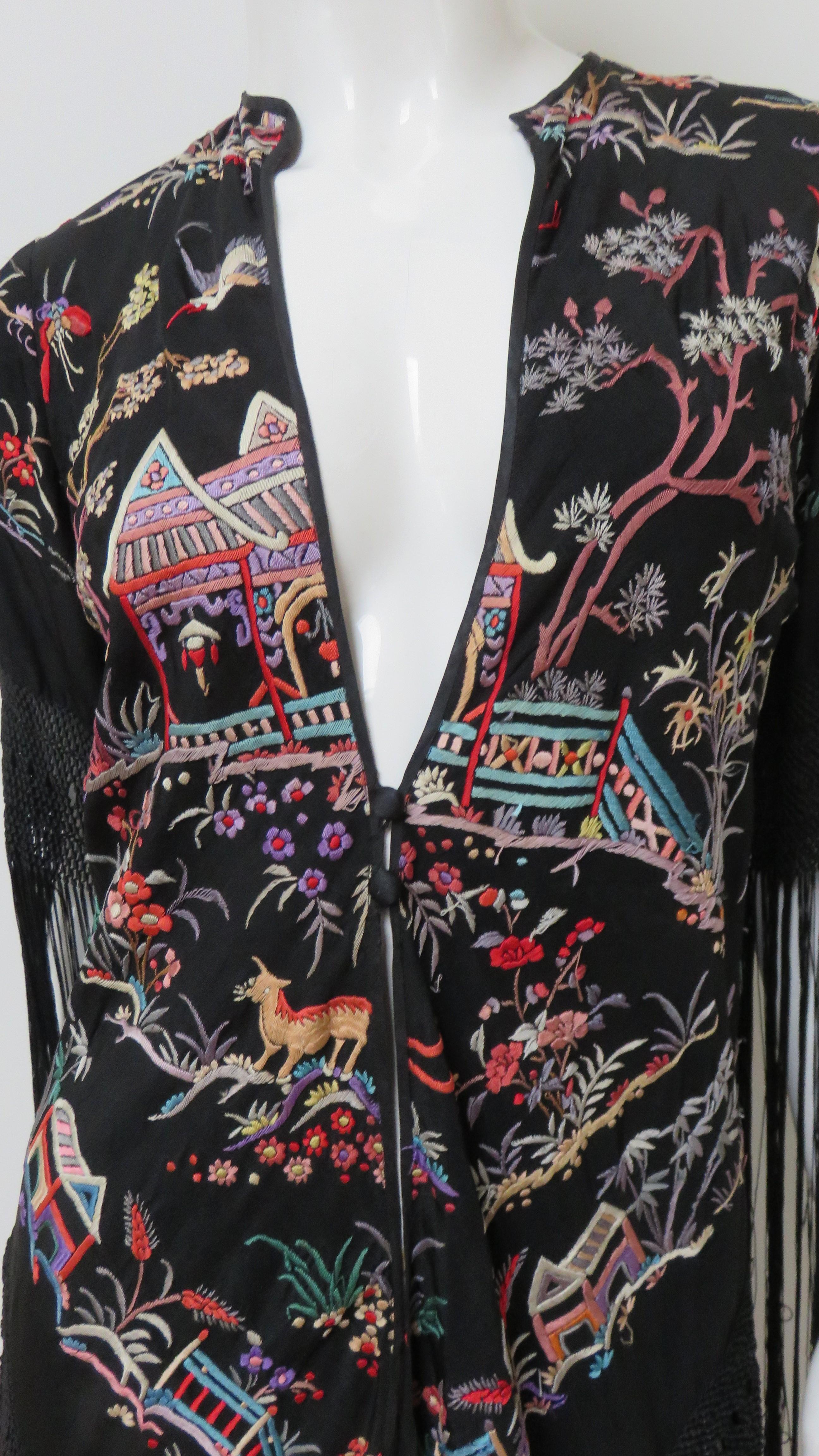 Antique Elaborately Embroidered 1920s Silk Jacket with Fringe For Sale 4