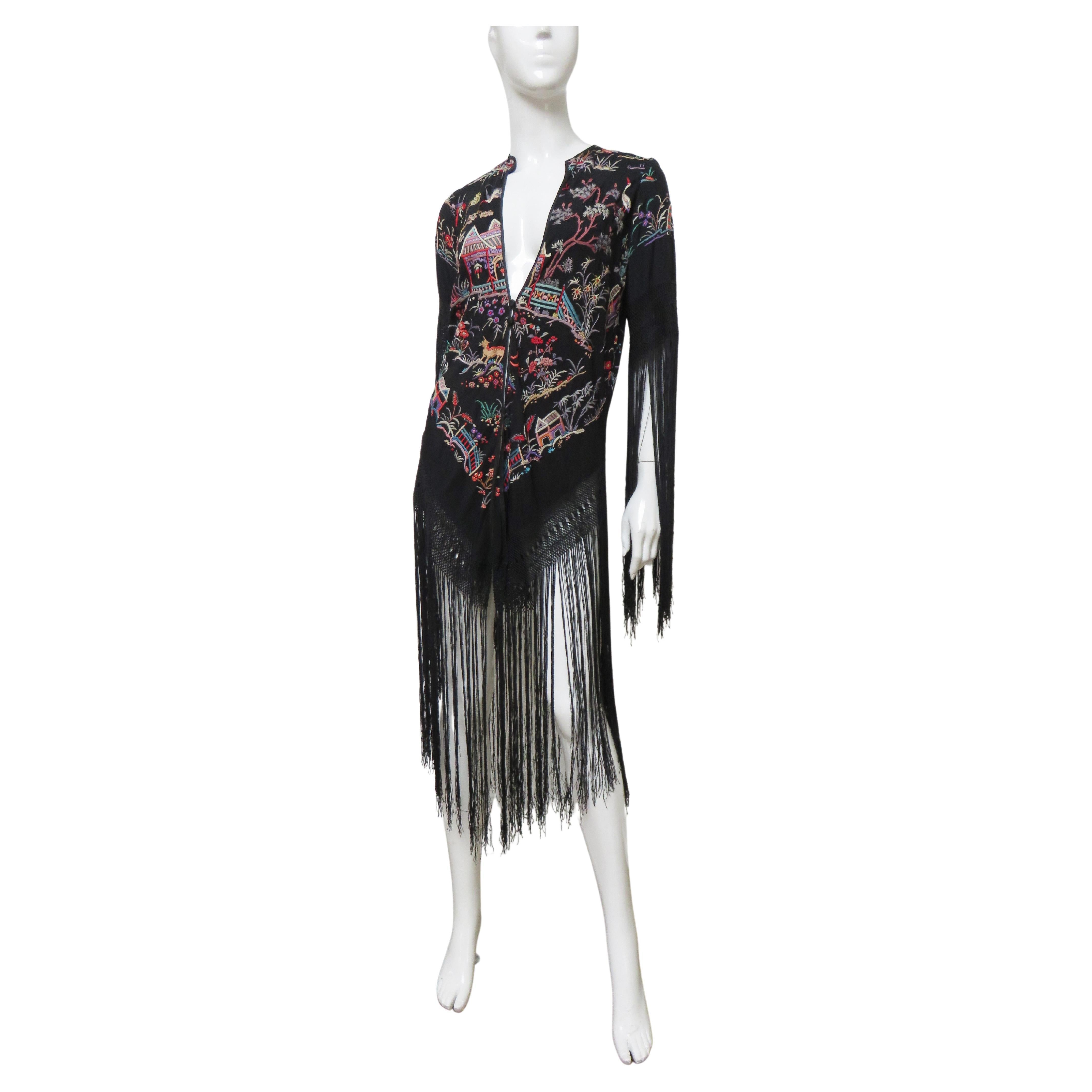 Antique Elaborately Embroidered 1920s Silk Jacket with Fringe For Sale