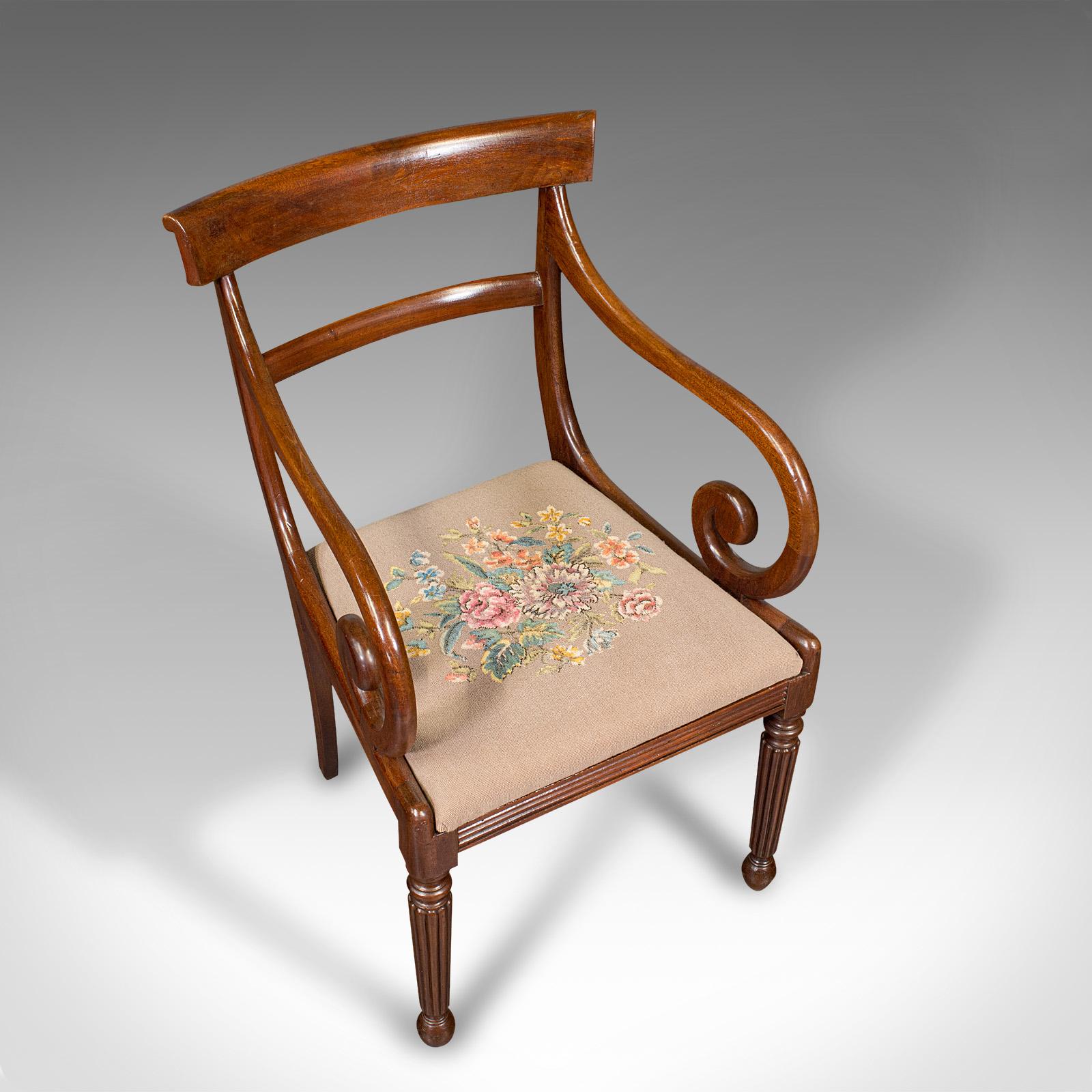 Wood Antique Elbow Chair, English, Armchair, Needlepoint, Drop In Seat, Late Georgian For Sale