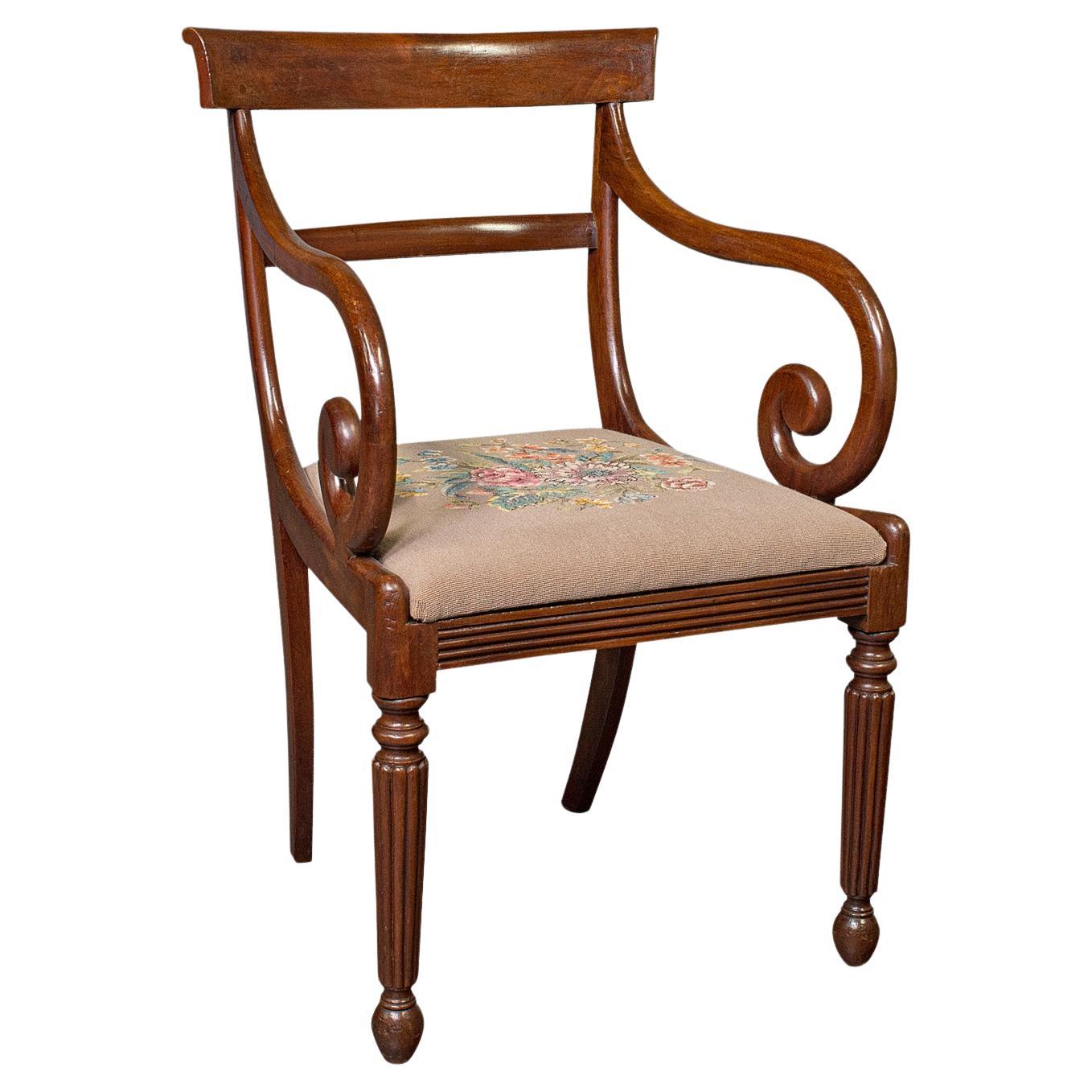 Antique Elbow Chair, English, Armchair, Needlepoint, Drop In Seat, Late Georgian