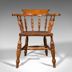 Antique Elbow Chair, English, Beech, Elm, Smoker's Bow, Captain, Victorian, 1900