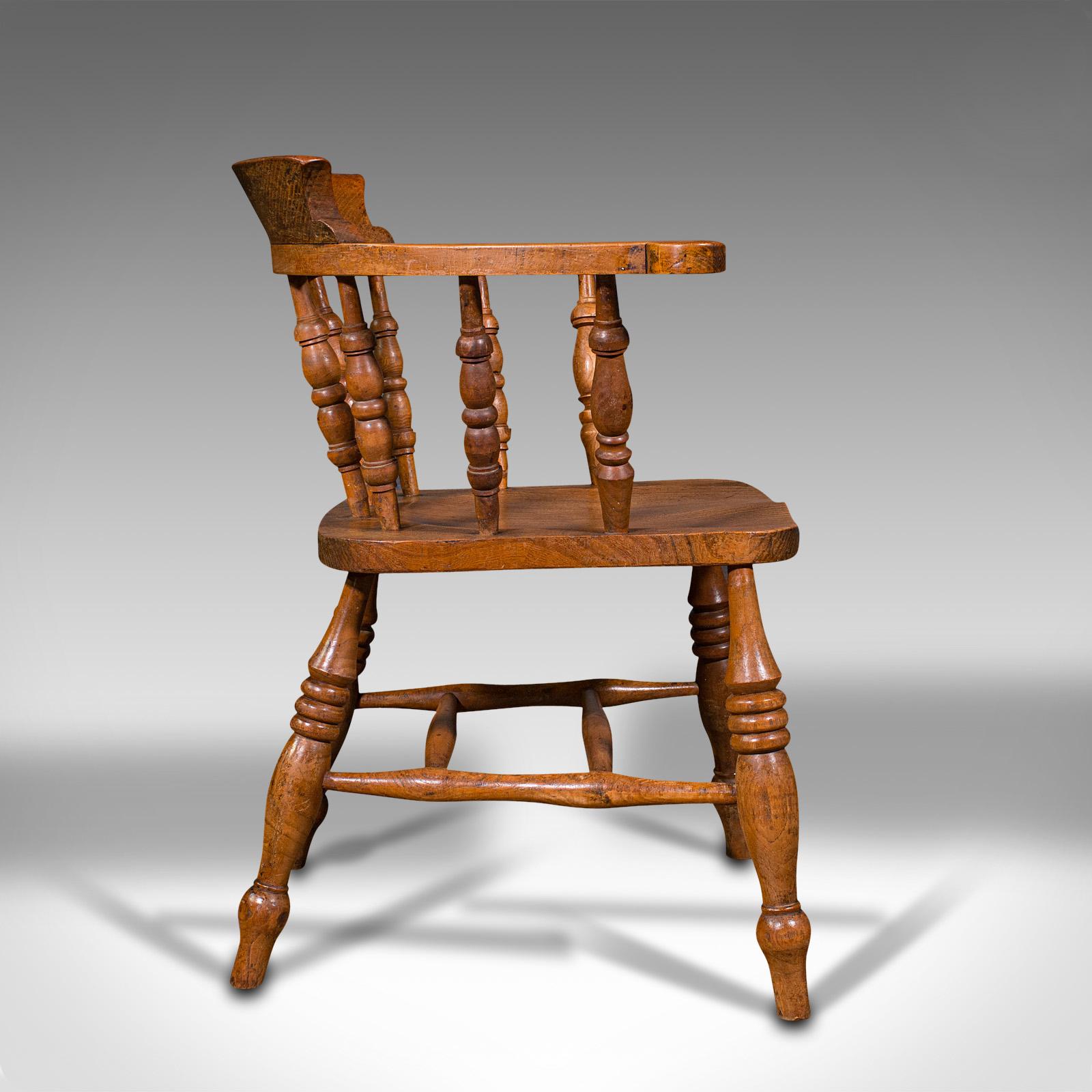European Antique Elbow Chair, English, Beech, Elm, Smoker's Bow, Captain, Victorian, 1900