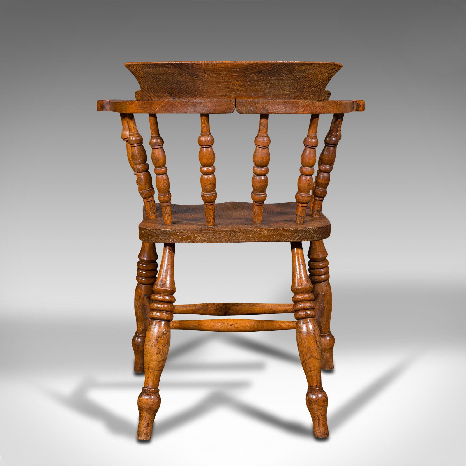 19th Century Antique Elbow Chair, English, Beech, Elm, Smoker's Bow, Captain, Victorian, 1900