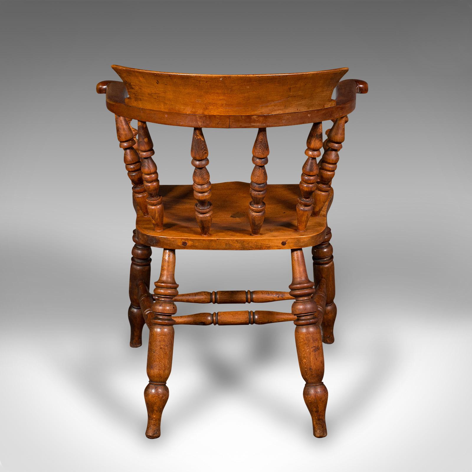 Antique Elbow Chair, English, Beech, Smoker's Bow, Captain Seat, Victorian, 1880 In Good Condition For Sale In Hele, Devon, GB