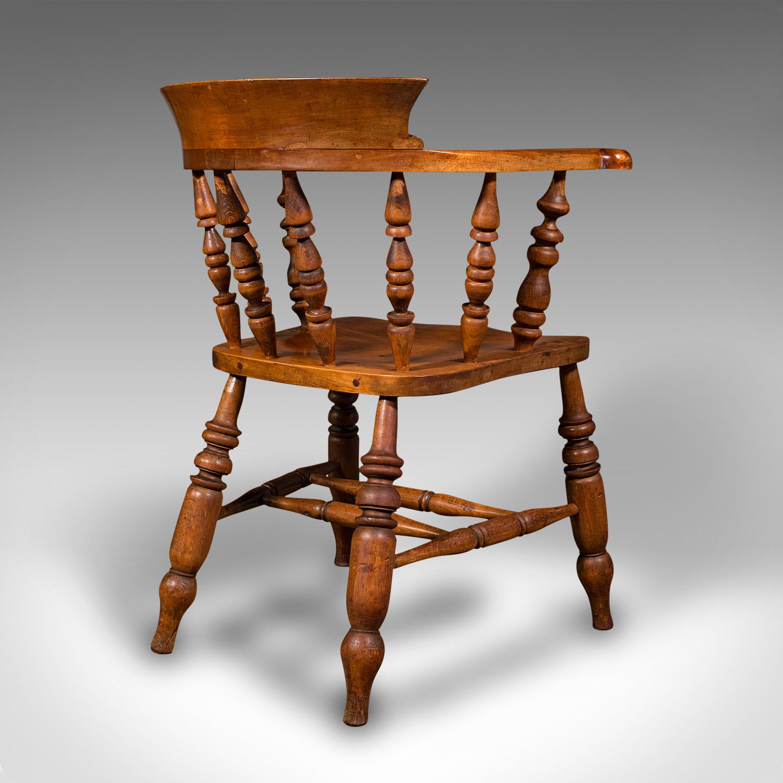 19th Century Antique Elbow Chair, English, Beech, Smoker's Bow, Captain Seat, Victorian, 1880 For Sale