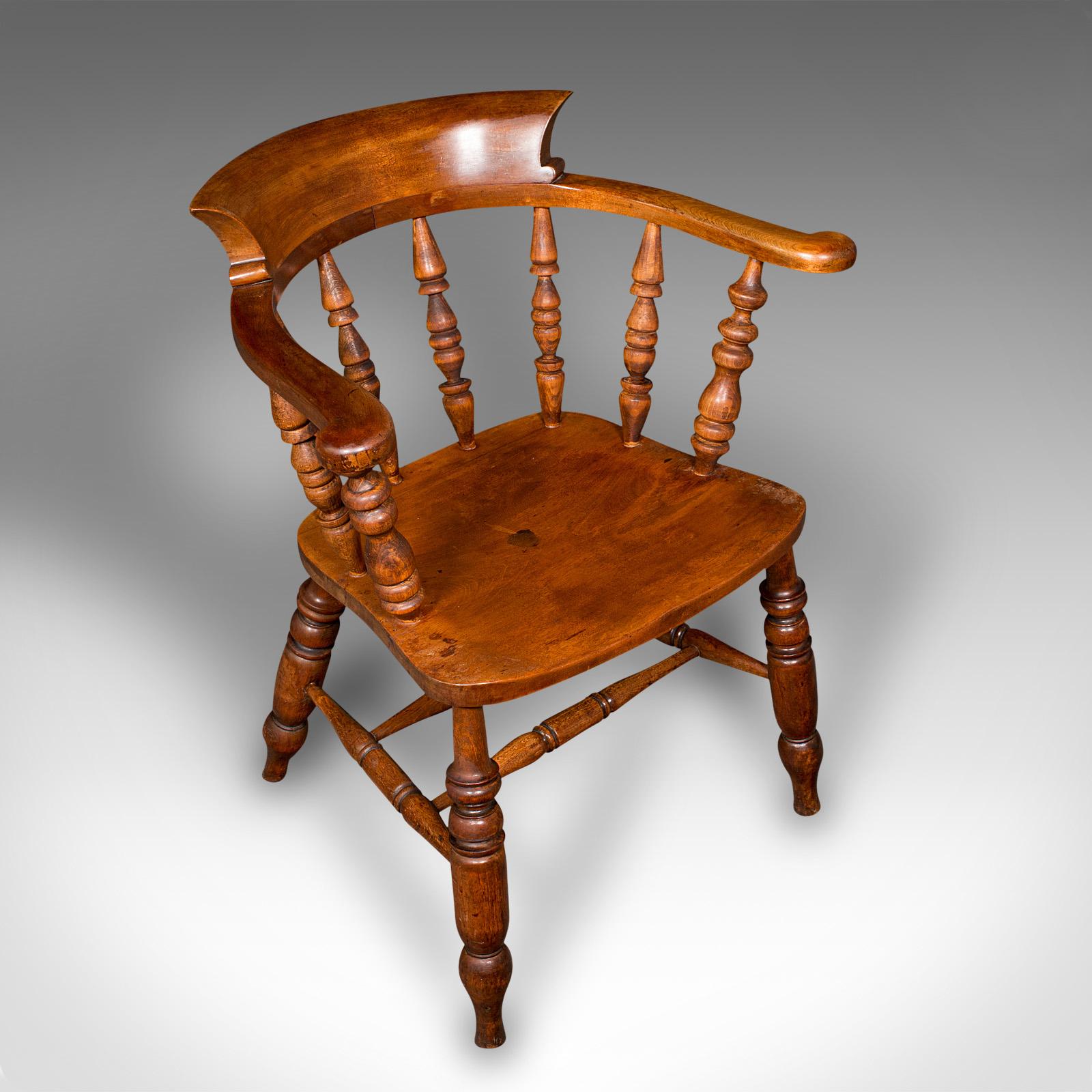 Antique Elbow Chair, English, Beech, Smoker's Bow, Captain Seat, Victorian, 1880 For Sale 1