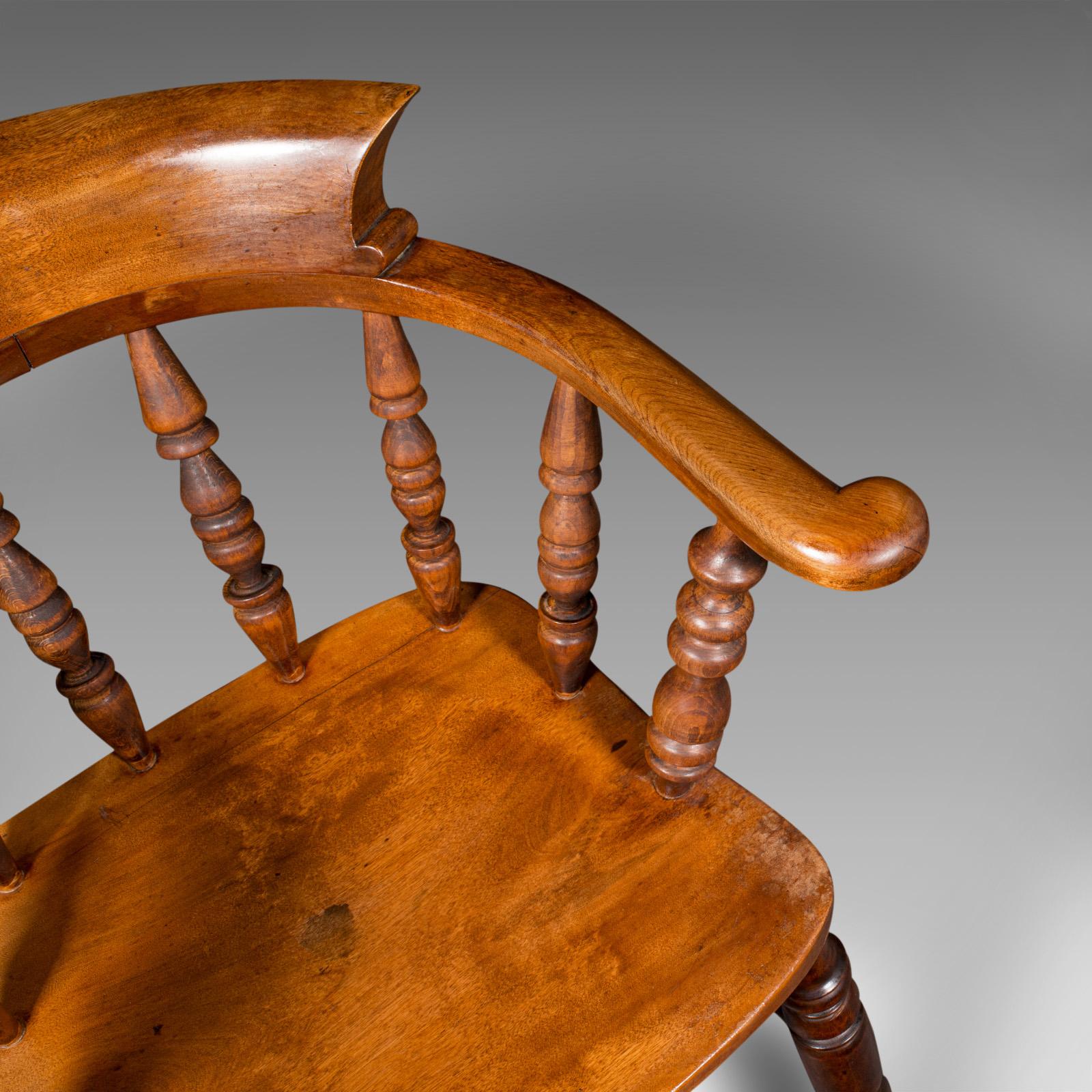 Antique Elbow Chair, English, Beech, Smoker's Bow, Captain Seat, Victorian, 1880 For Sale 2