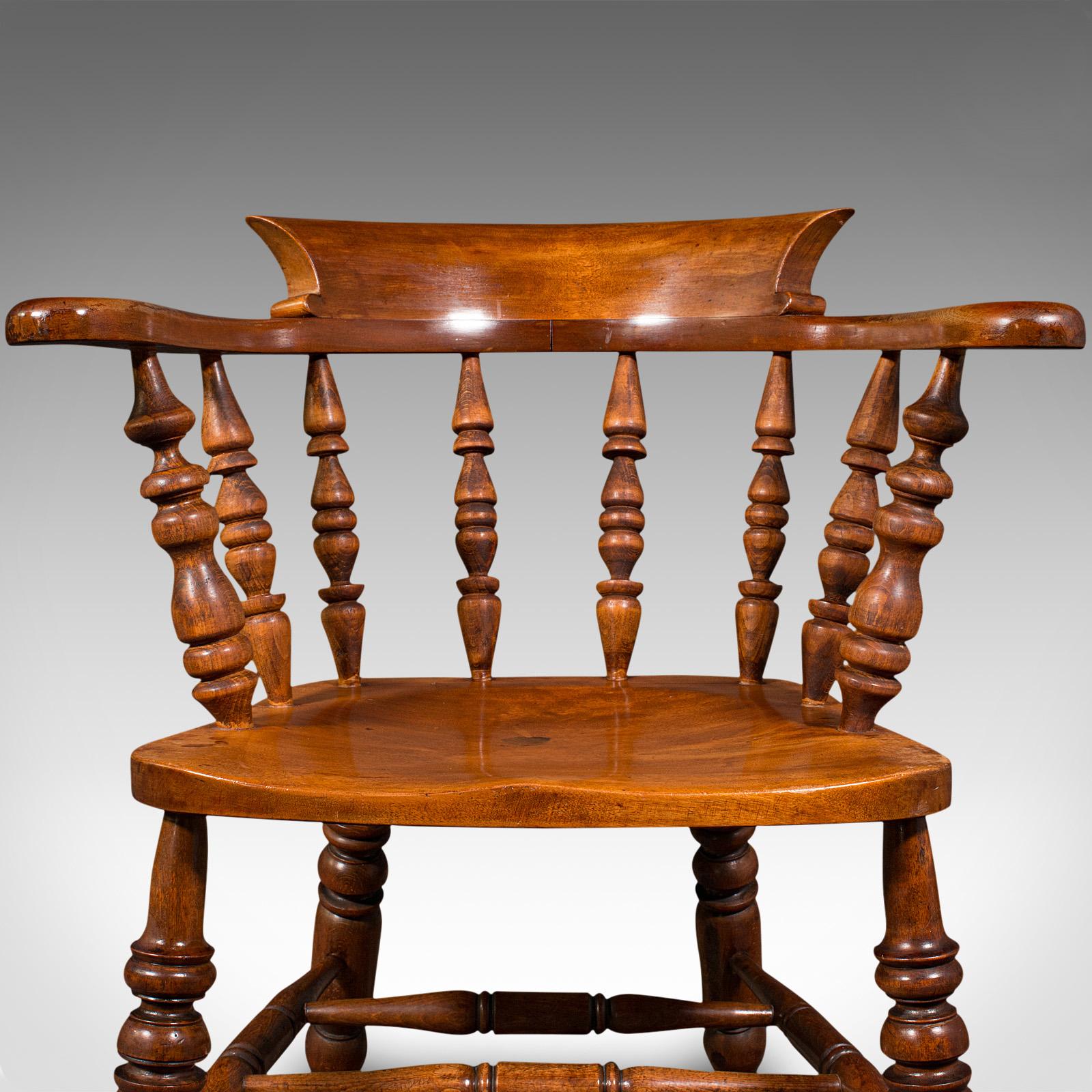 Antique Elbow Chair, English, Beech, Smoker's Bow, Captain Seat, Victorian, 1880 For Sale 3