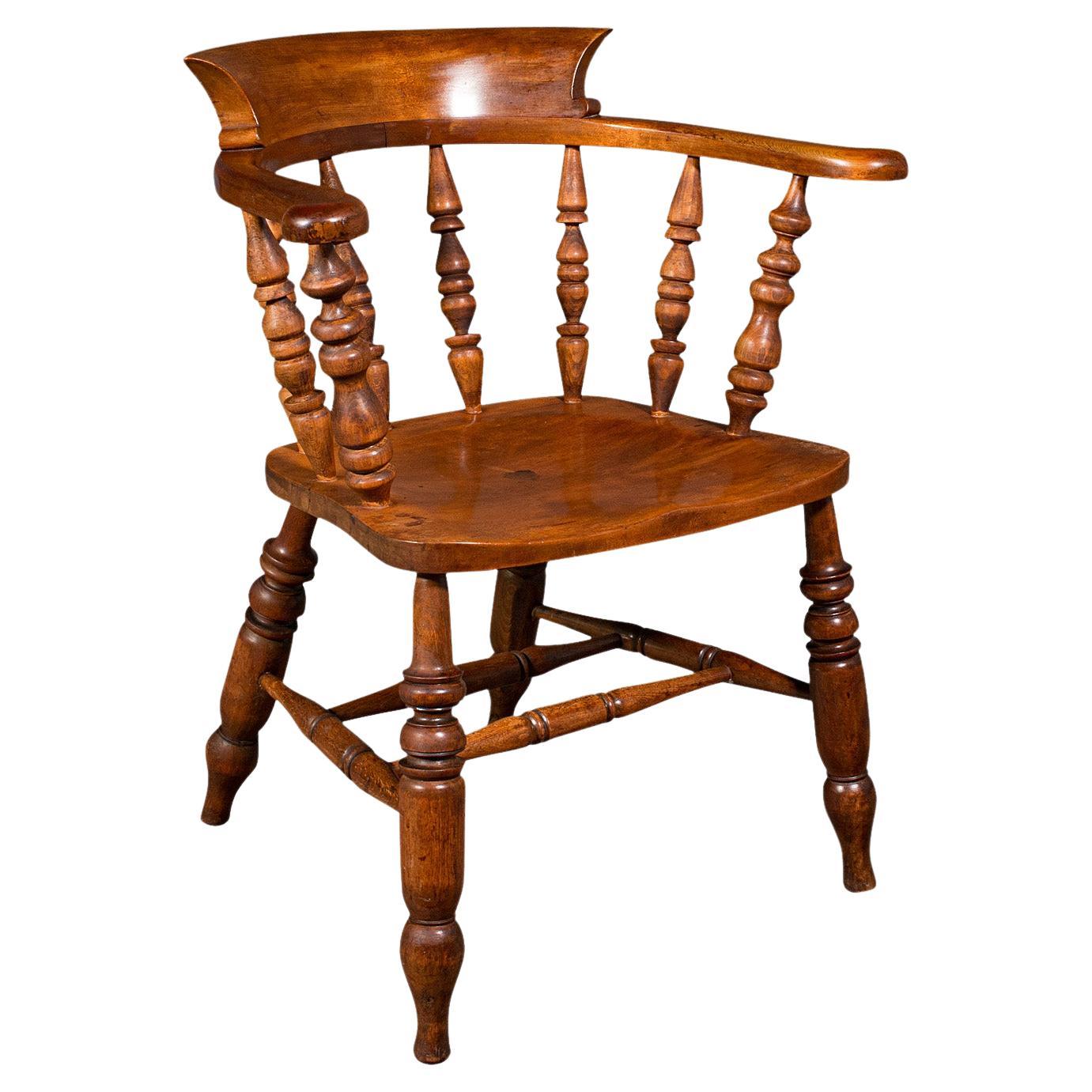 Antique Elbow Chair, English, Beech, Smoker's Bow, Captain Seat, Victorian, 1880 For Sale