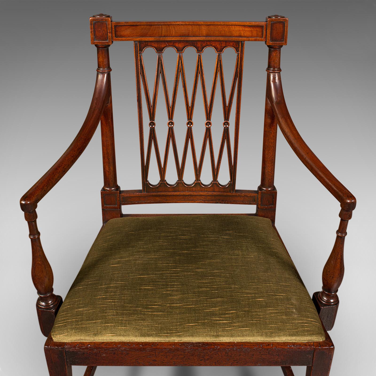 Wood Antique Elbow Chair, English, Carver Seat, After Sheraton, Georgian, Circa 1780