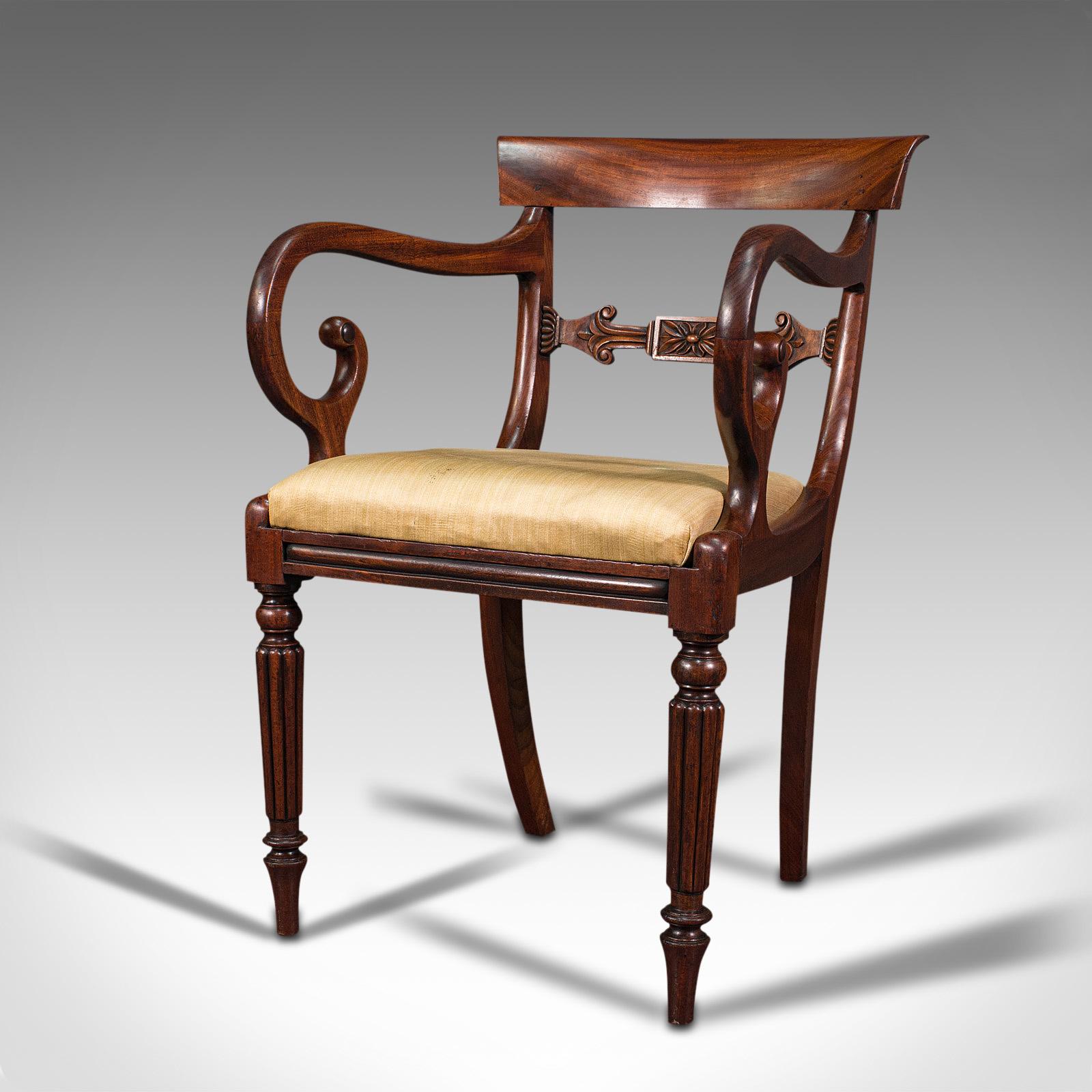 British Antique Elbow Chair, English, Mahogany, Carver, Drop in Seat, Regency, C.1820