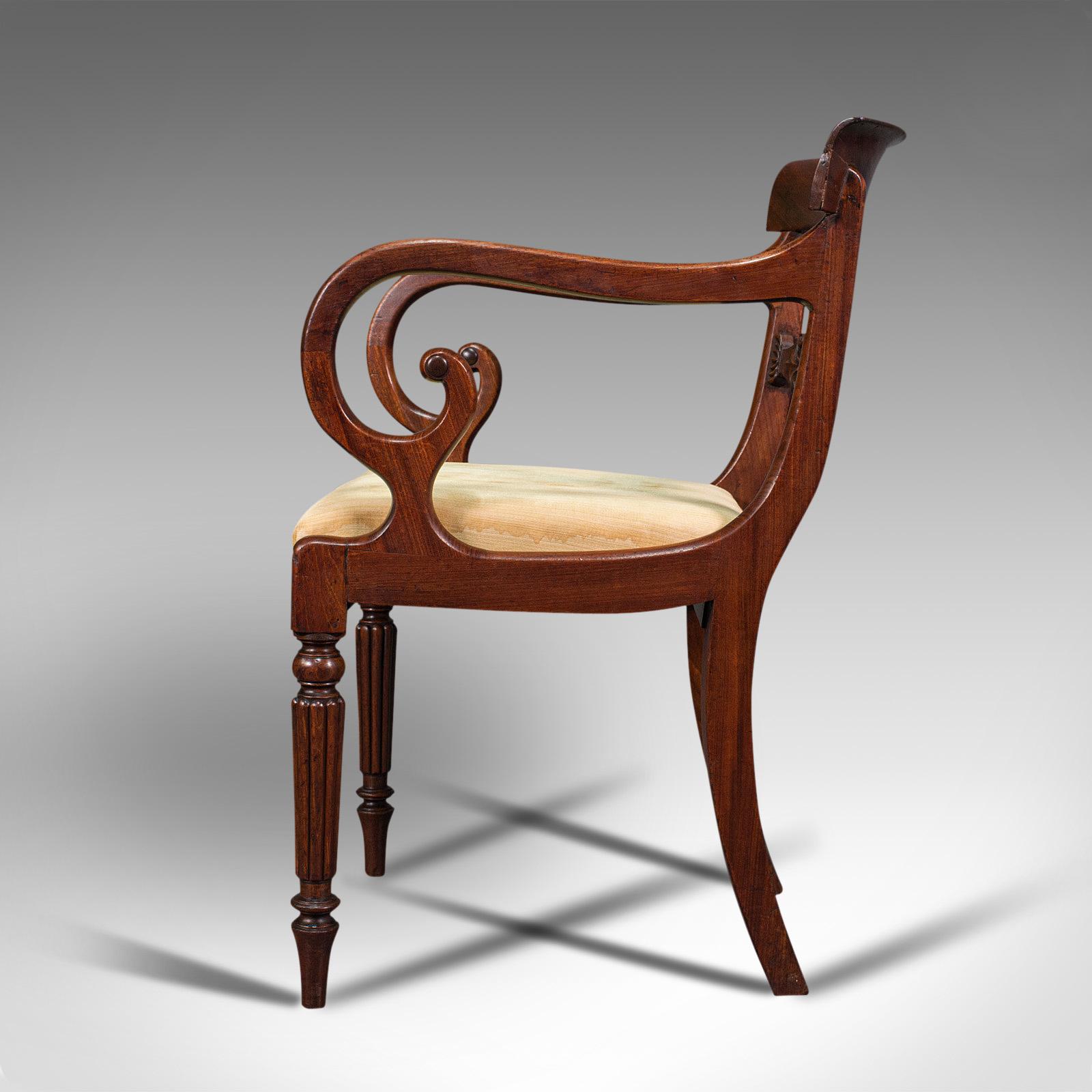 19th Century Antique Elbow Chair, English, Mahogany, Carver, Drop in Seat, Regency, C.1820