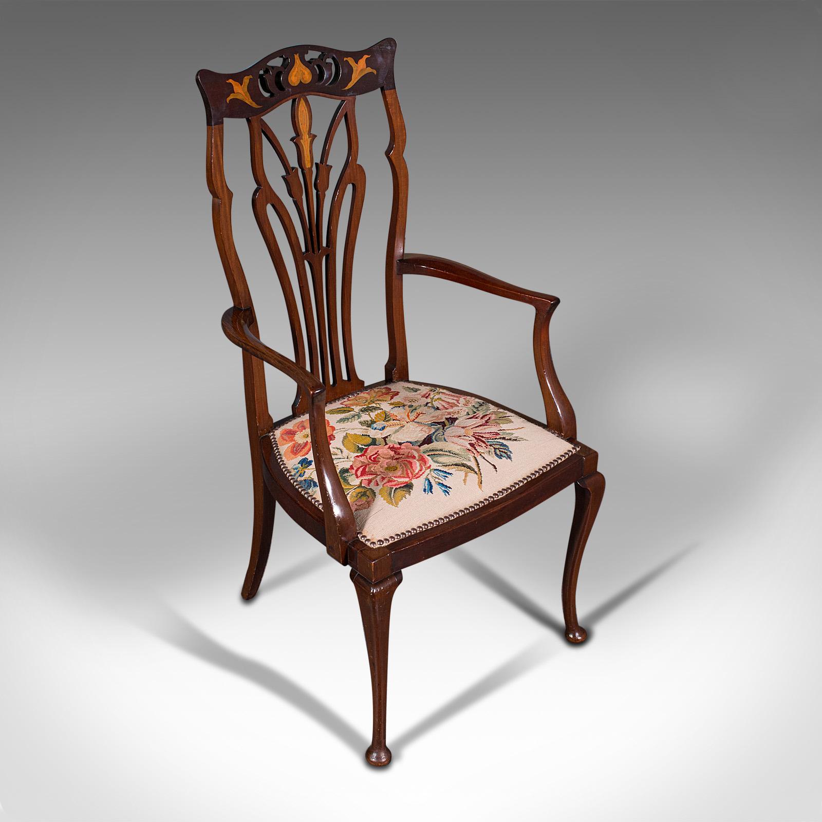 Wood Antique Elbow Chair, English, Occasional, Art Nouveau, Libertyesque, Victorian