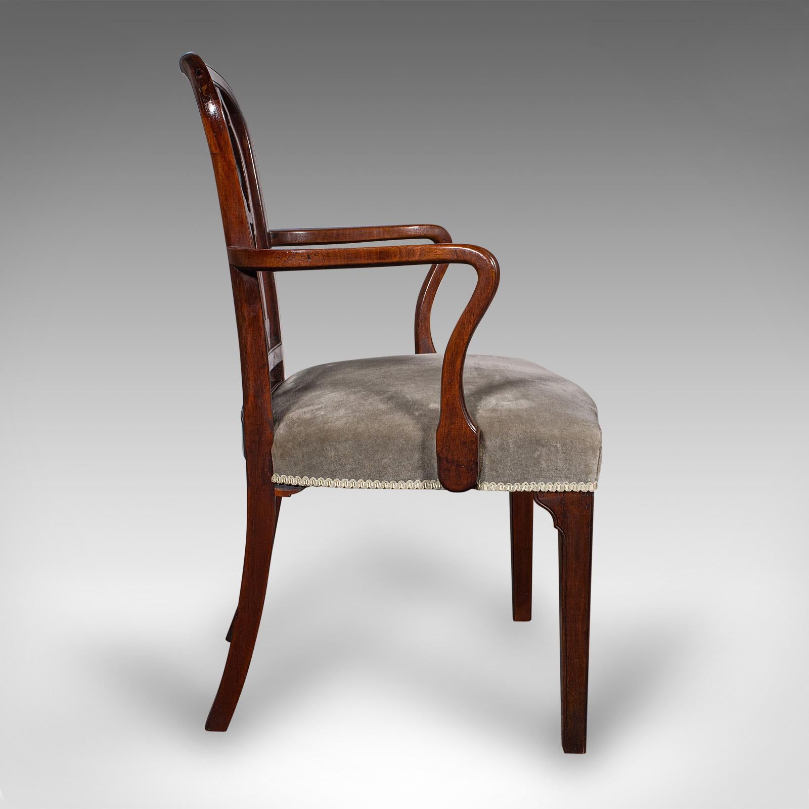 Britannico Sedia a gomito antica, inglese, in velluto, da salotto, da scrivania, georgiana, C.C. 1790 in vendita