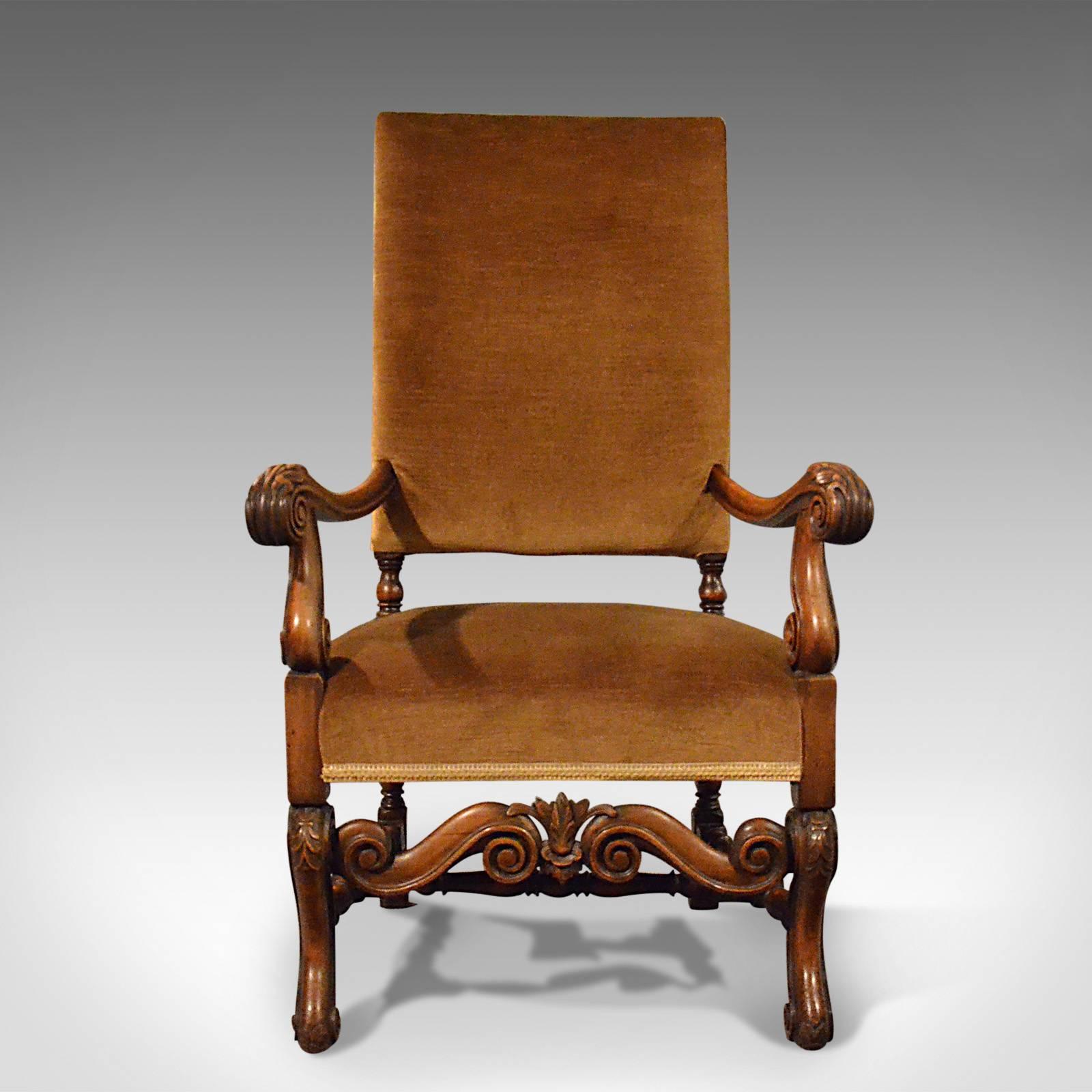 This is an antique elbow chair. An English walnut armchair dating to the Victorian era, circa 1880. 

A superior late 19th century chair presented in excellent antique condition
Stunning walnut frame presenting good colour and a desirable aged