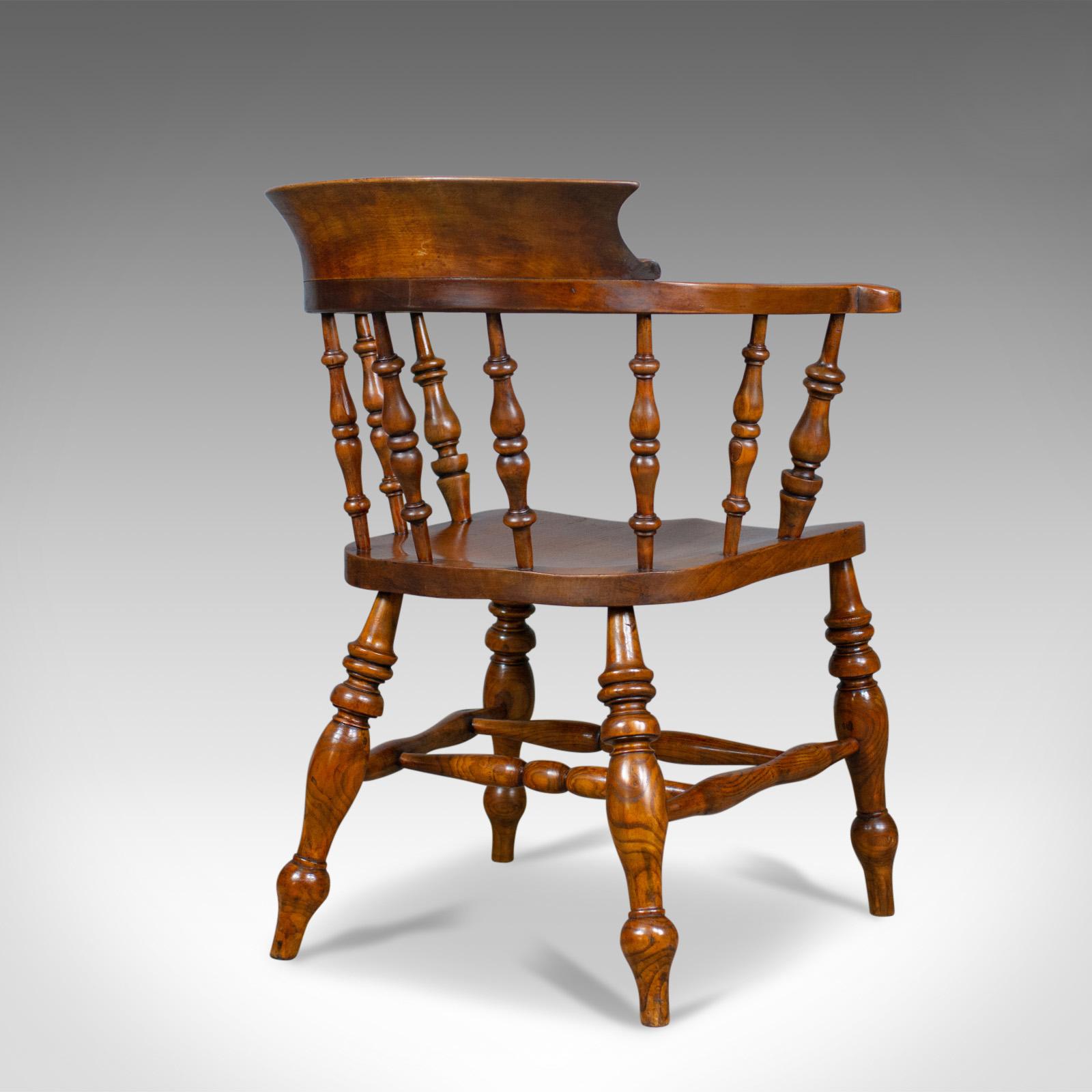 English Antique Elbow Chair, Victorian, Elm, Bow-Back, Smokers, Captains Desk circa 1880