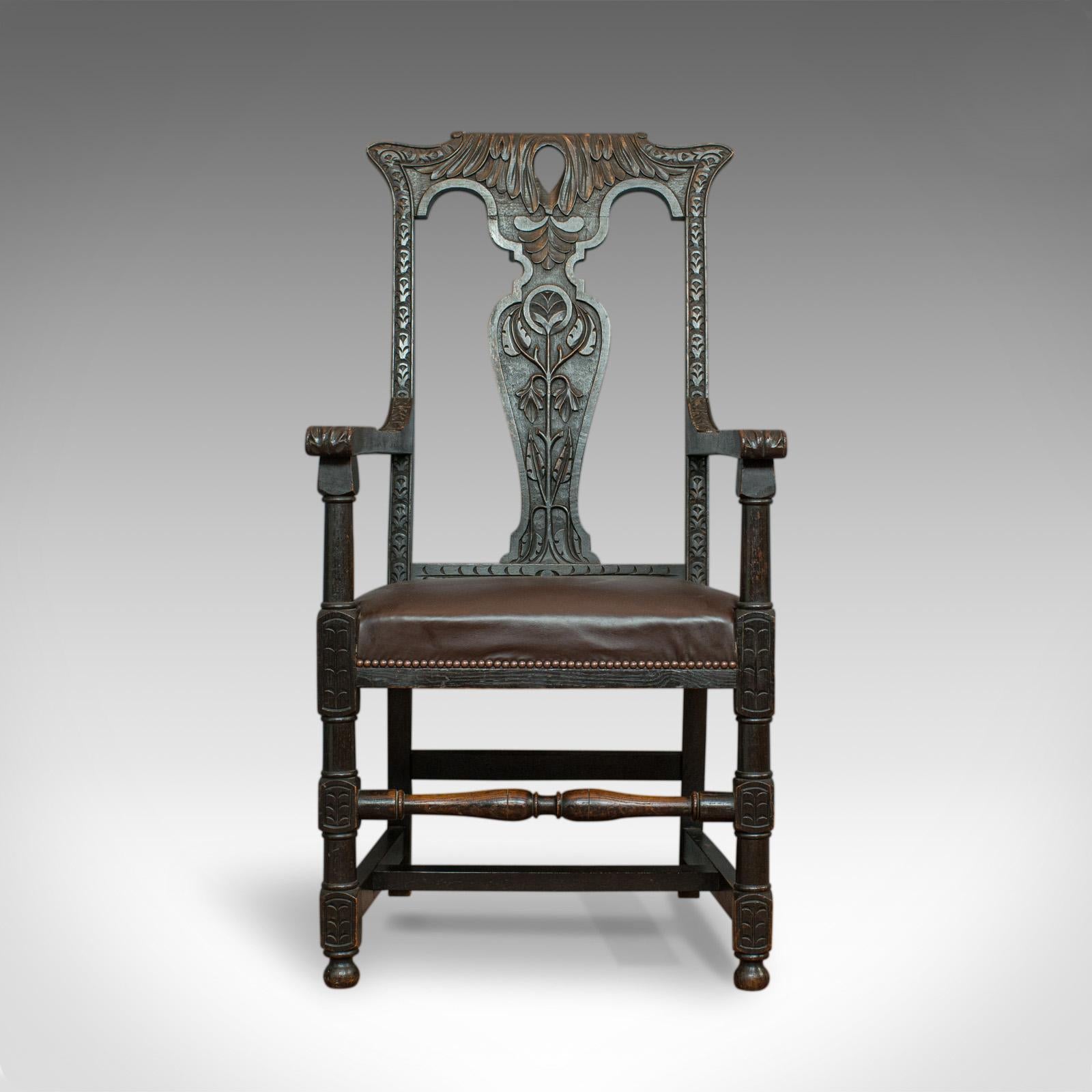 English Antique Elbow Chair, Victorian, Oak, Leather, Carver, Armchair, circa 1870