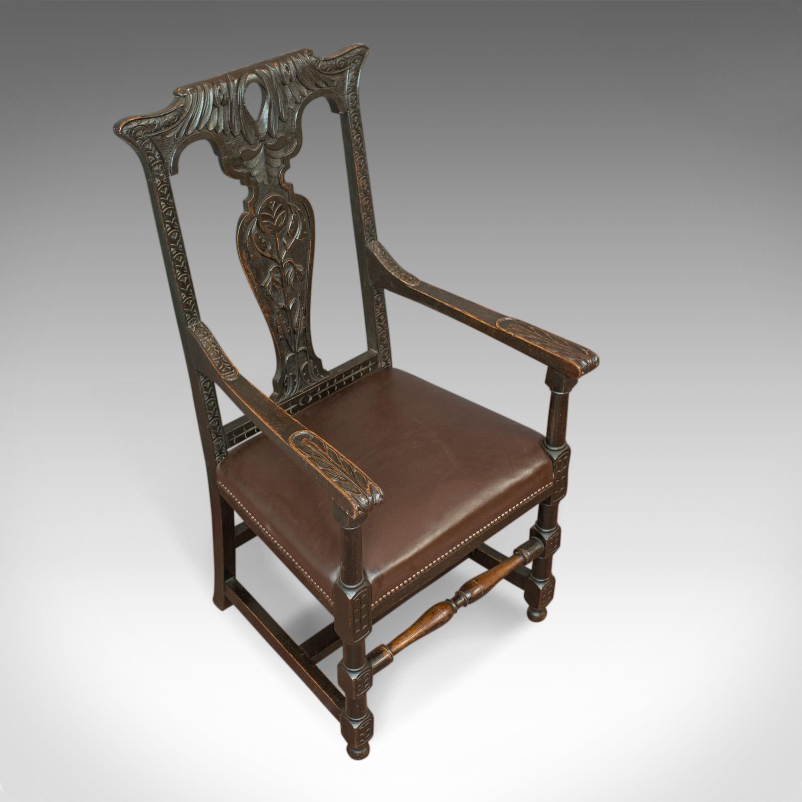 Antique Elbow Chair, Victorian, Oak, Leather, Carver, Armchair, circa 1870 1