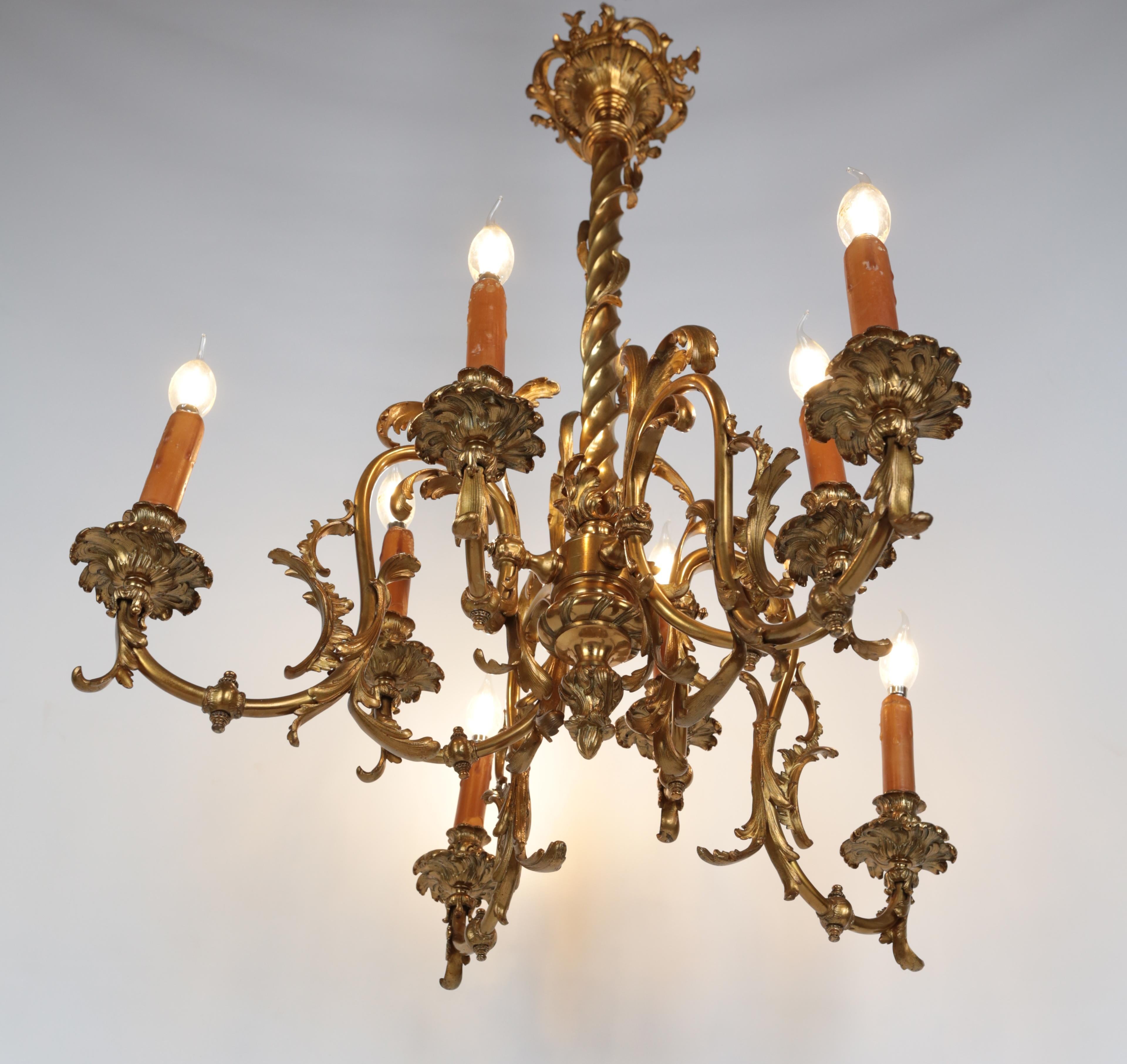 Art Nouveau Antique electrified bronze chandelier For Sale