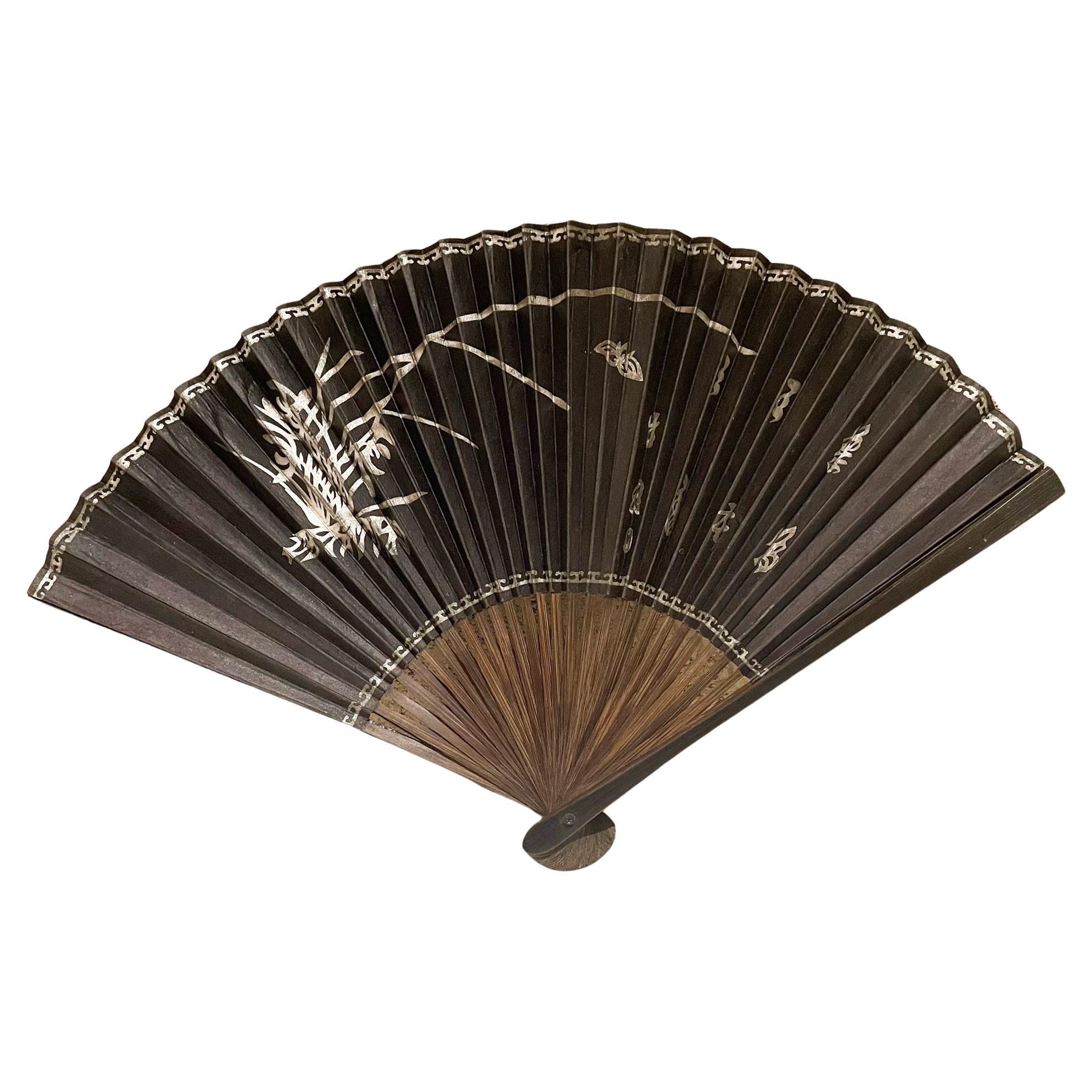 Antique Elegance Japanese Black Folding Fan Exotic Rosewood Lovely Asian Detail