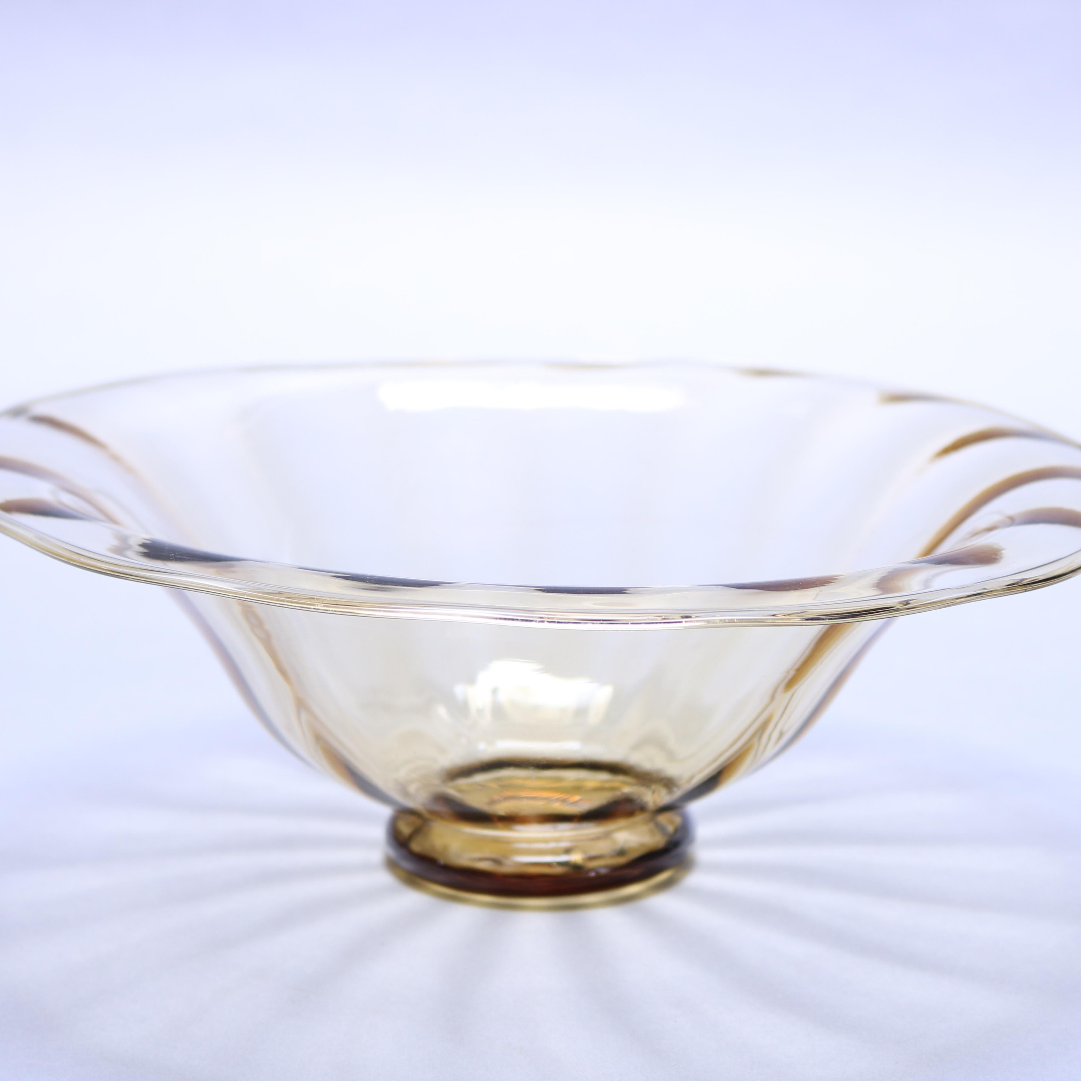 Antique Elegant Amber Glass Flared Center Bowl, circa 1920 In Good Condition In Big Flats, NY