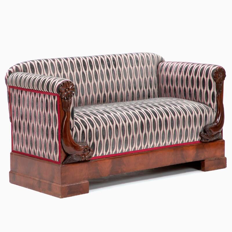 2 Seater Biedermeier Mahogany Wood Dolphins Carving Sofa Romo Fabric Grey Red In Good Condition For Sale In Kastrup, DK