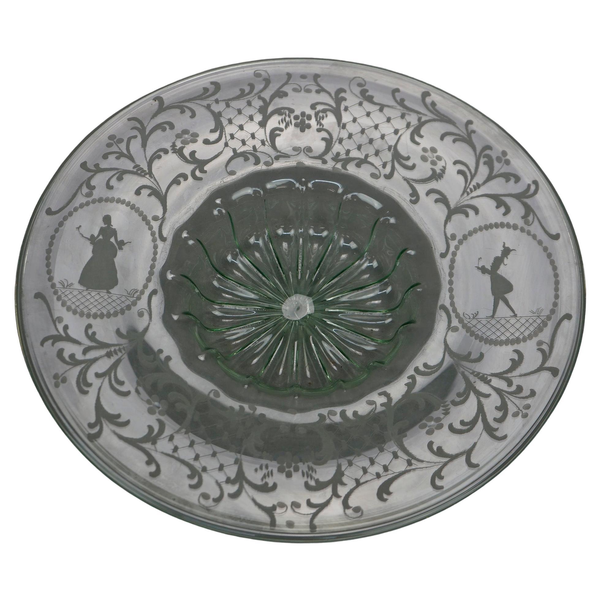 Antike, elegante Kamee-Plattenschale aus geätztem Glas in der Mitte, um 1920
