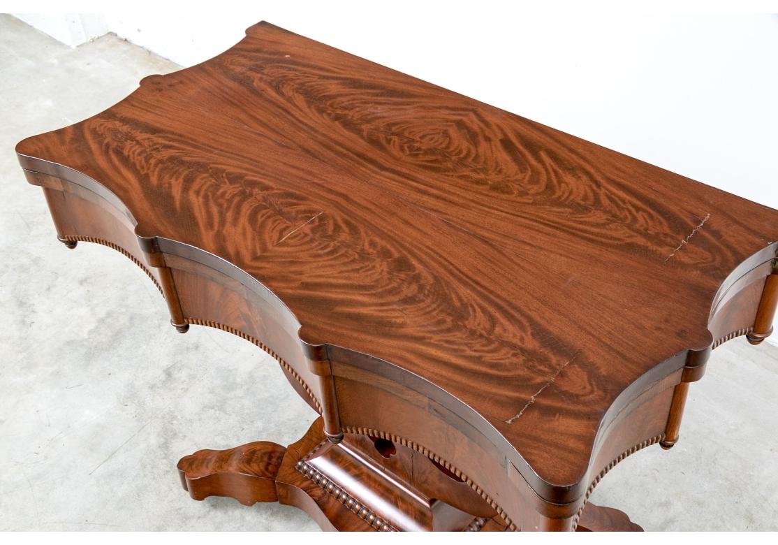 Antique Elegant Figured Wood Lyre Base Flip Top Games Table For Sale 6