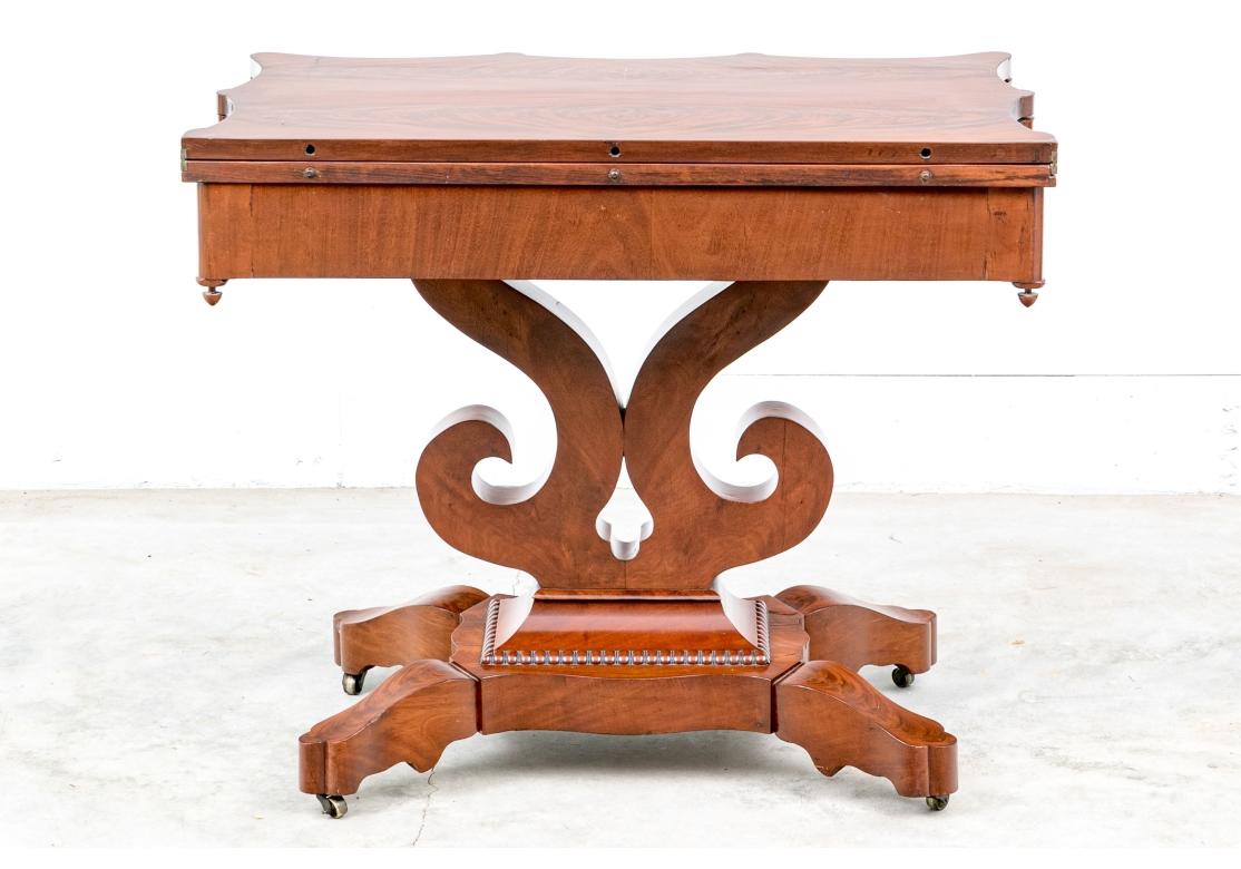 Regency Antique Elegant Figured Wood Lyre Base Flip Top Games Table For Sale