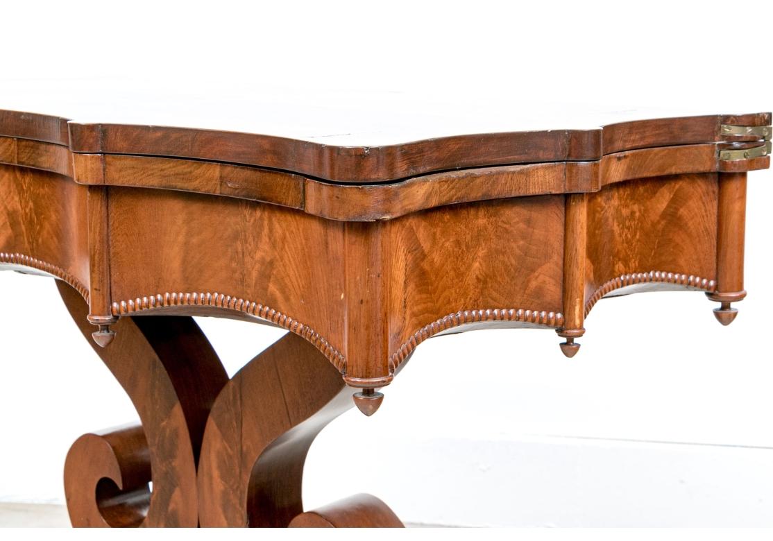 Carved Antique Elegant Figured Wood Lyre Base Flip Top Games Table For Sale