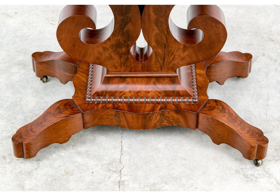 Antique Elegant Figured Wood Lyre Base Flip Top Games Table In Distressed Condition For Sale In Bridgeport, CT