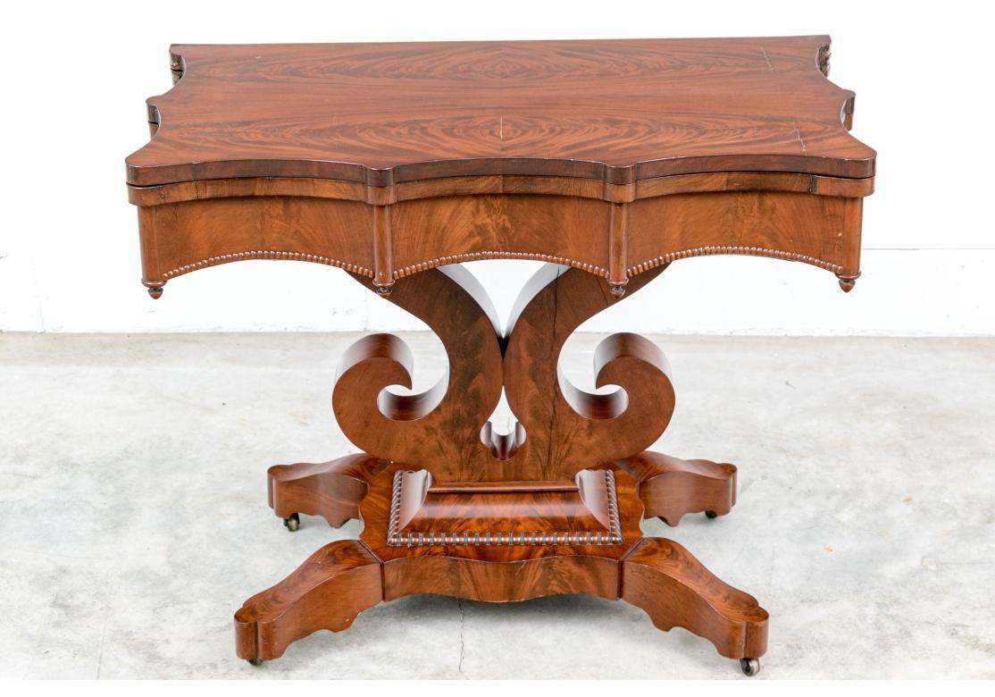 Antique Elegant Figured Wood Lyre Base Flip Top Games Table For Sale 2