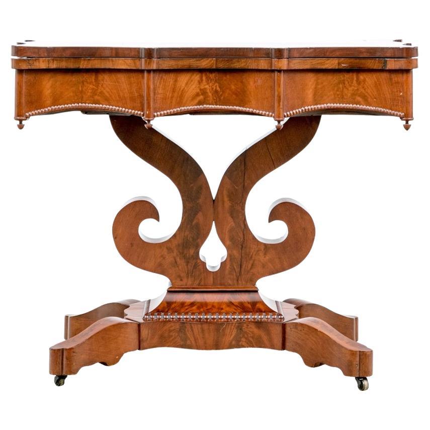 Antique Elegant Figured Wood Lyre Base Flip Top Games Table