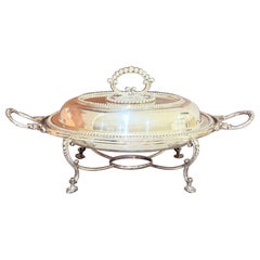 Antique Elegant Silver-Plated Covered Chafing Dish on Stand, Regency Style