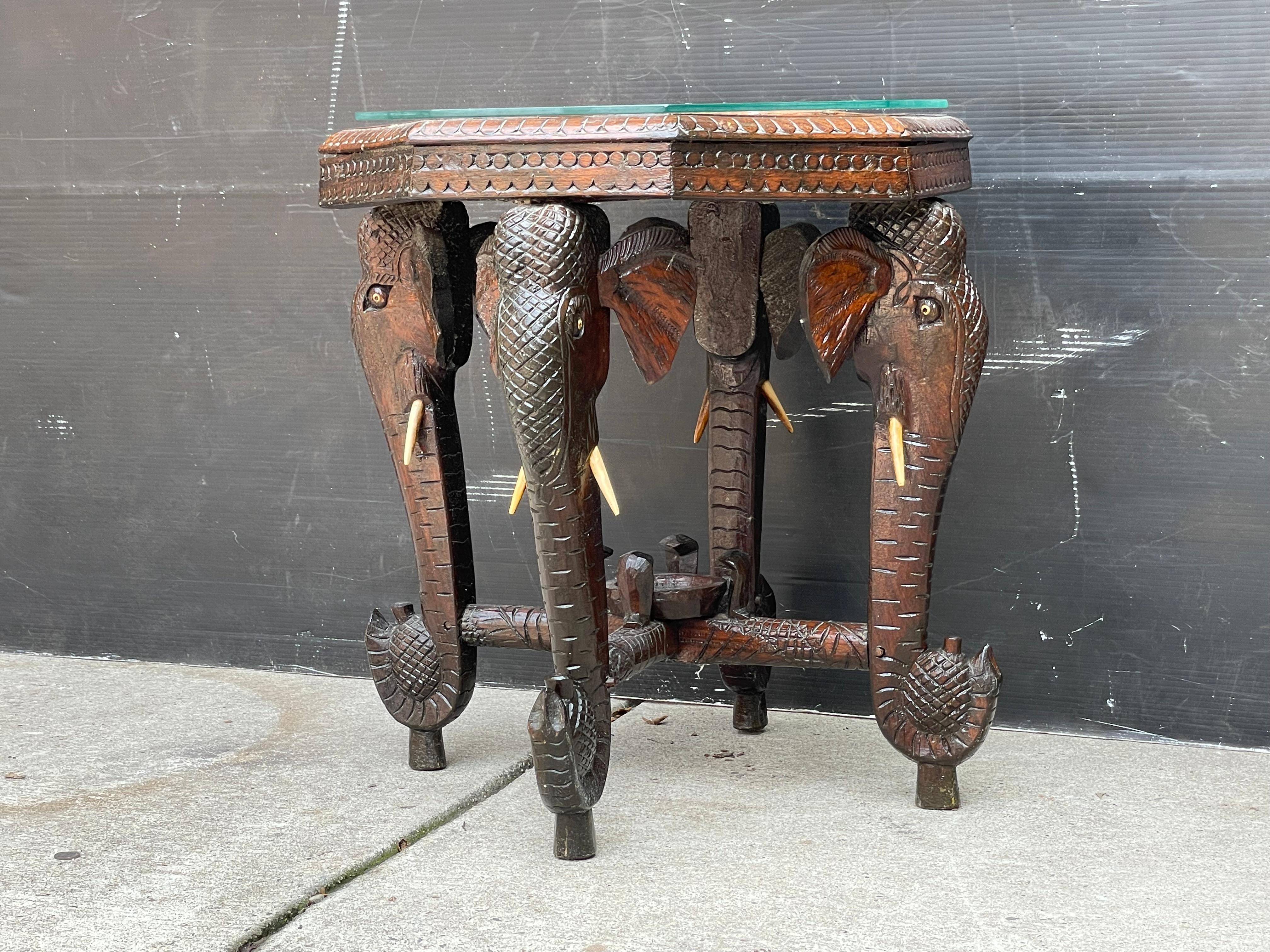 Bohemian Antique Elephant & Cobra Carved Wood & Bone Side Table  For Sale