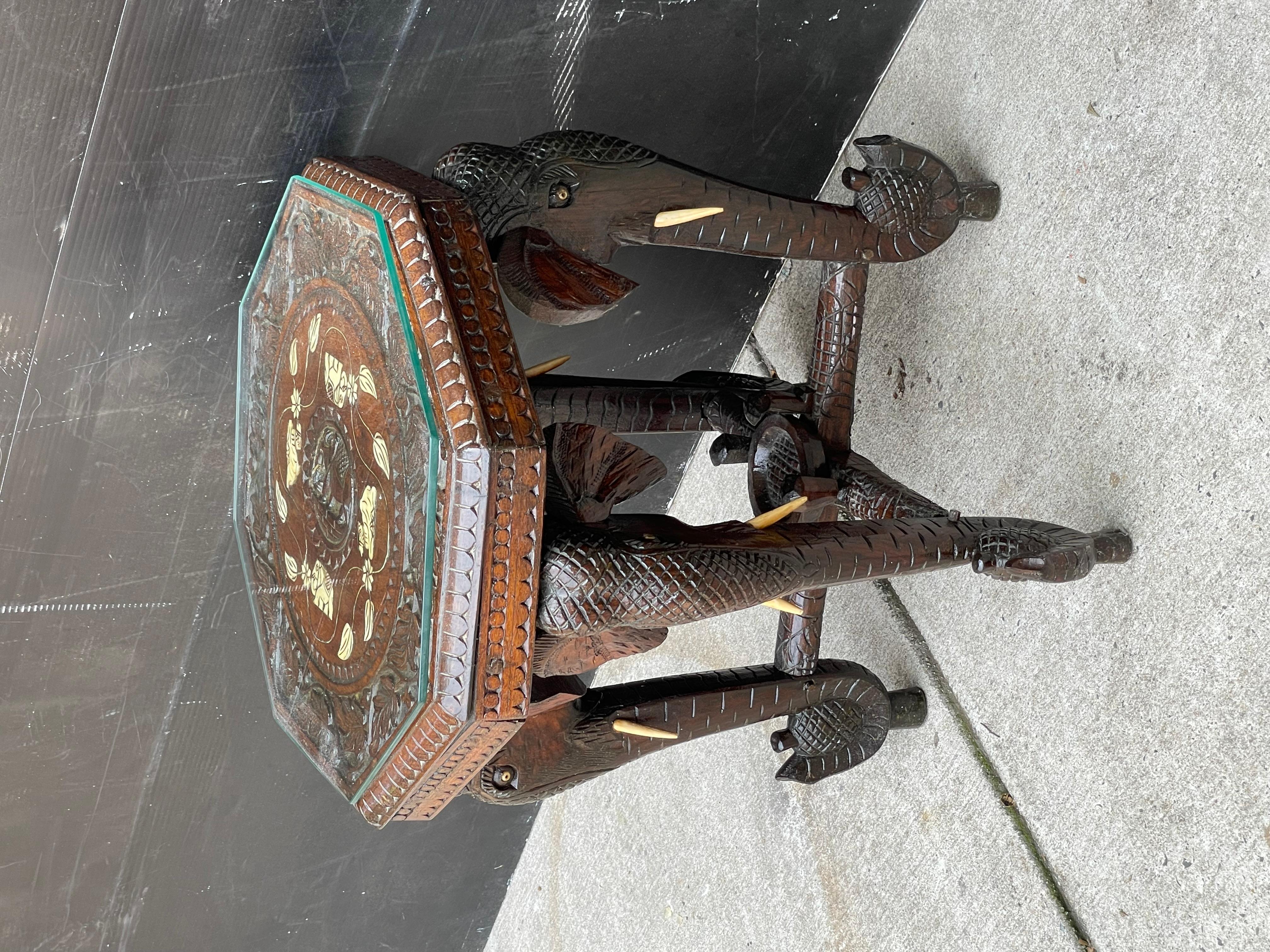 Balinese Antique Elephant & Cobra Carved Wood & Bone Side Table  For Sale