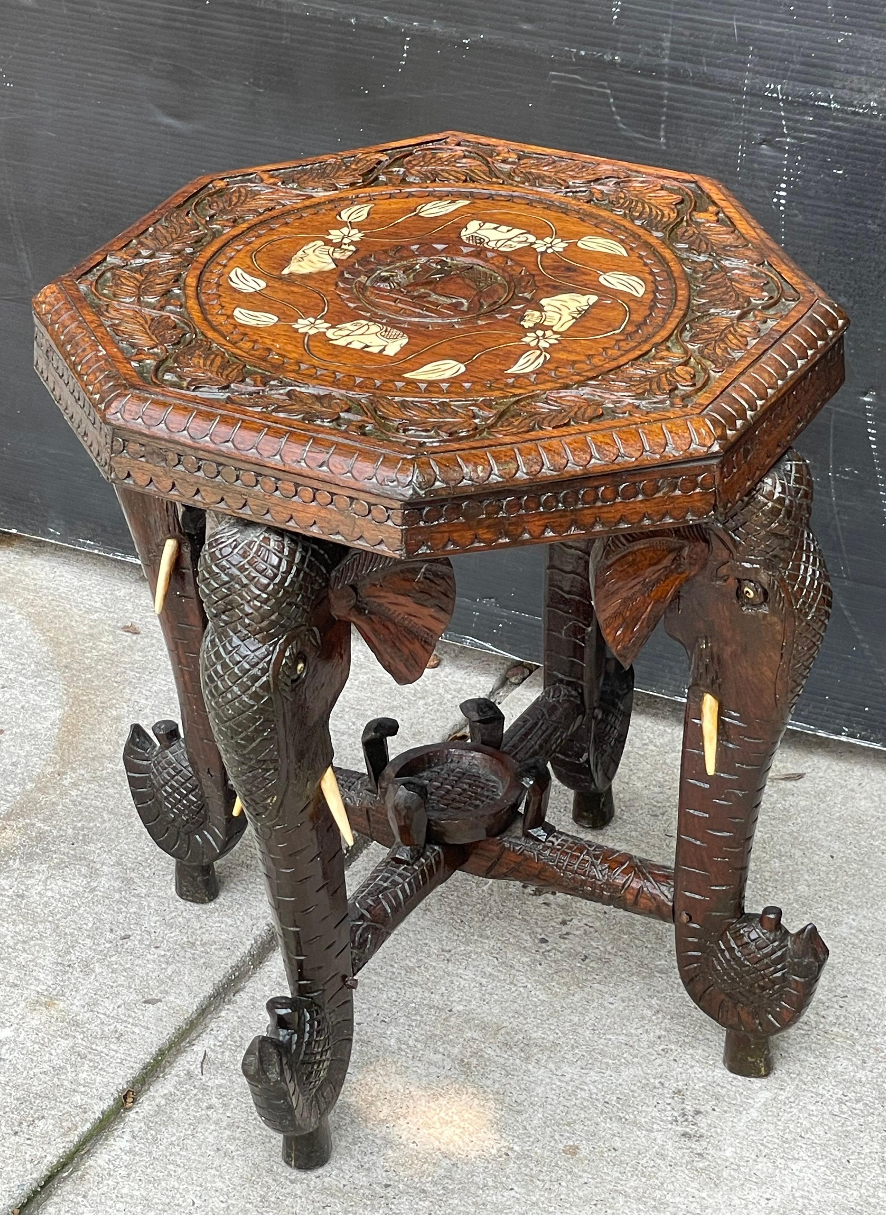 Antique Elephant & Cobra Carved Wood & Bone Side Table  In Good Condition For Sale In Bensalem, PA