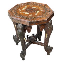 Antique Elephant & Cobra Carved Wood & Bone Side Table 