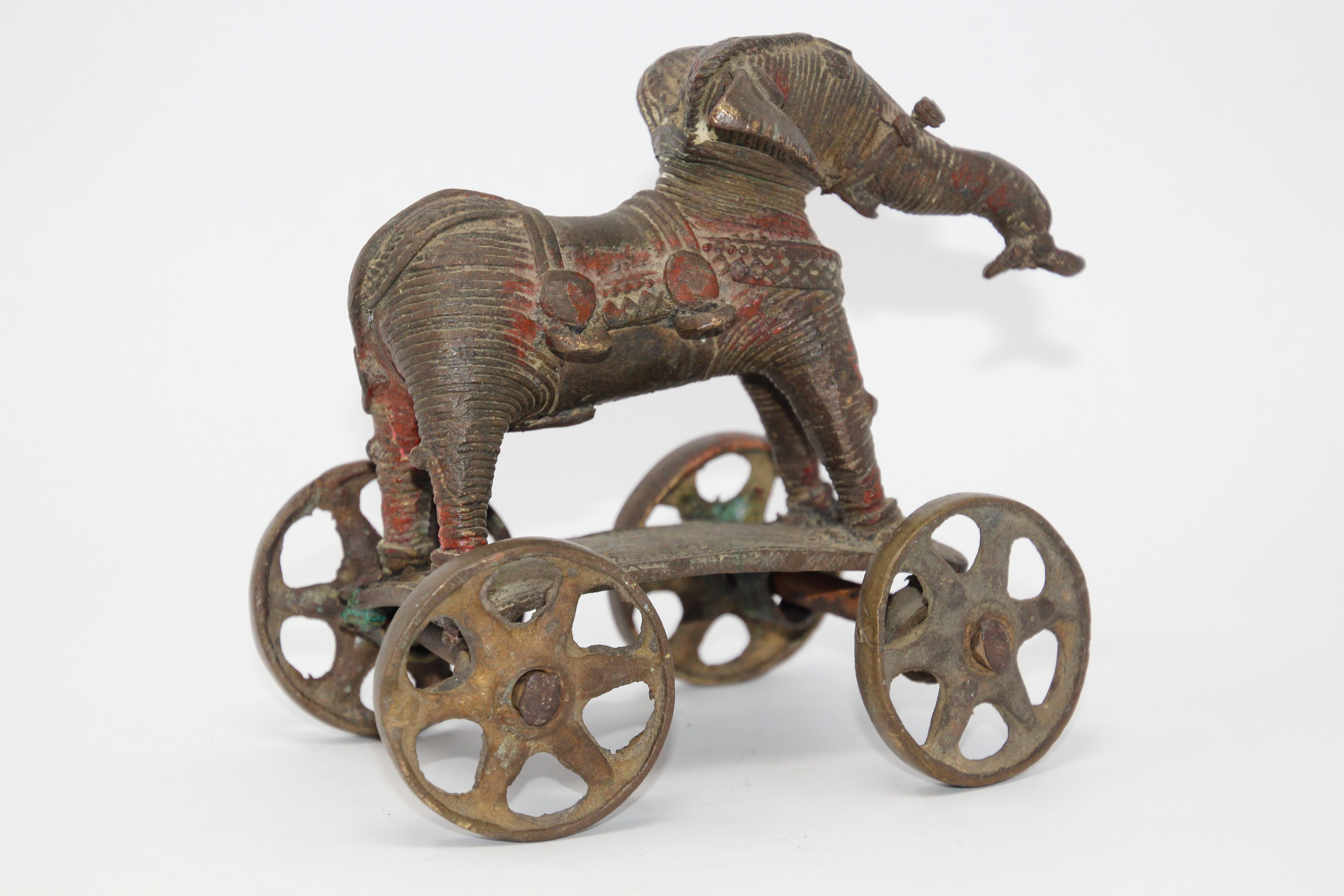 Antique Elephant Toy Cast Bronze on Wheels, India 4