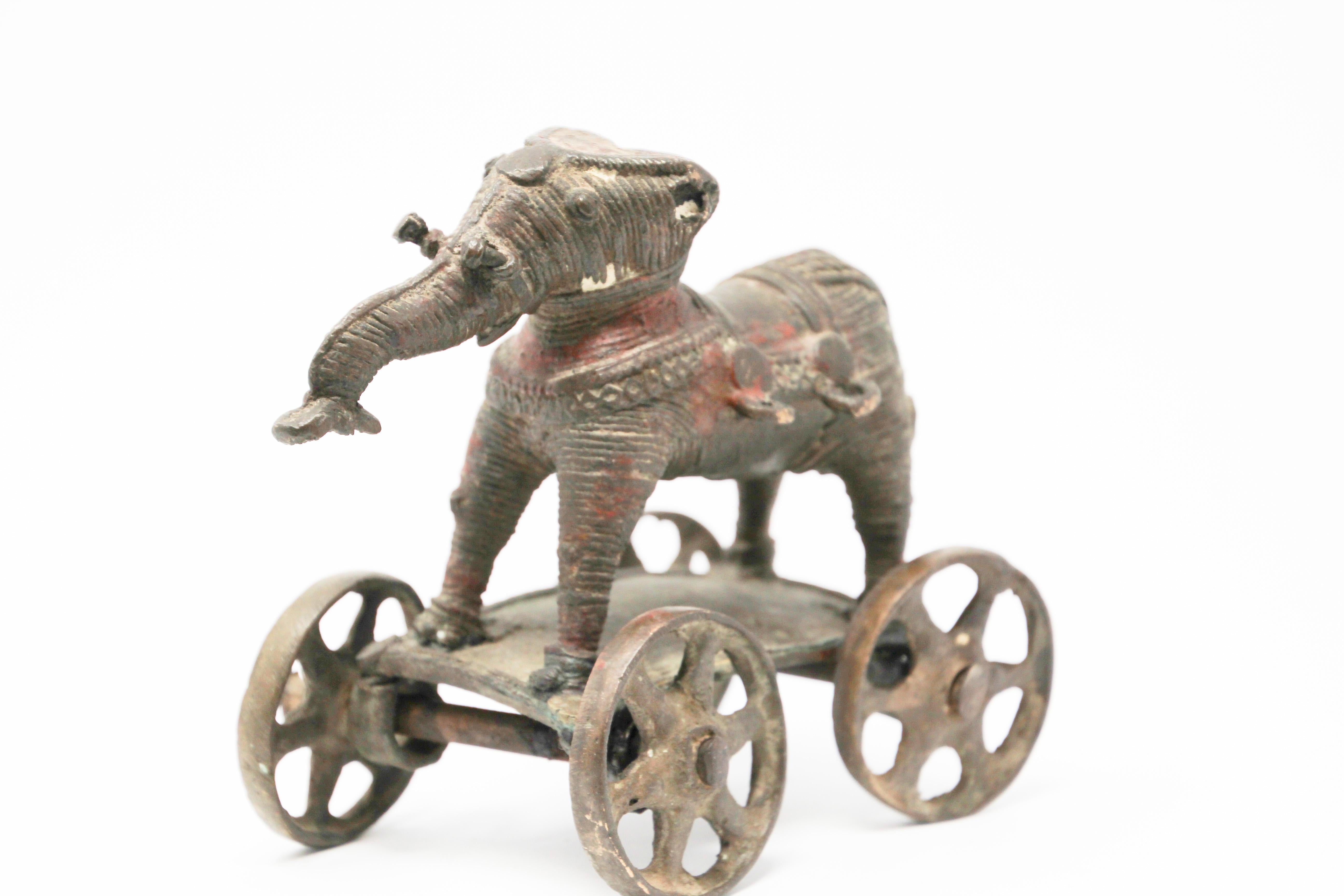 Folk Art Antique Elephant Toy Cast Bronze on Wheels, India